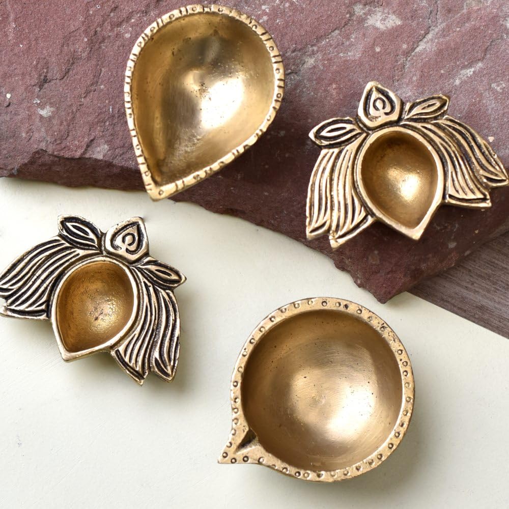IndianShelf 4 Pieces Brass Diya for Diwali Decoration Golden Oil Lamp Vilakku for Puja Pooja Deepak Aesthetic Decors