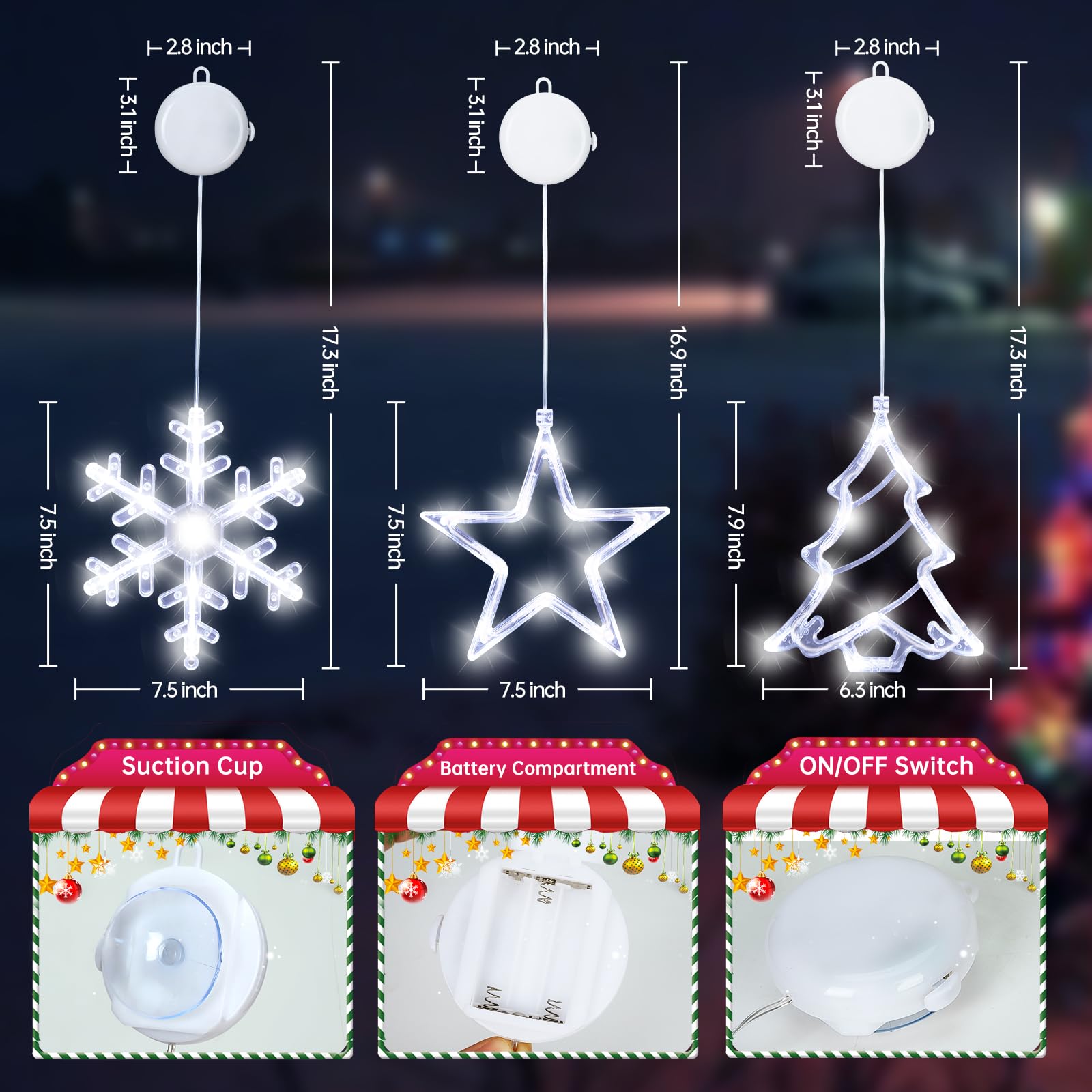 Danli Christmas Decorations 3Pcs Christmas Window Lights Snowflake&Star&Tree Battery Operated Indoor String Lights With Suction Cup For Christmas Window Decorations Fireplace New Year,White