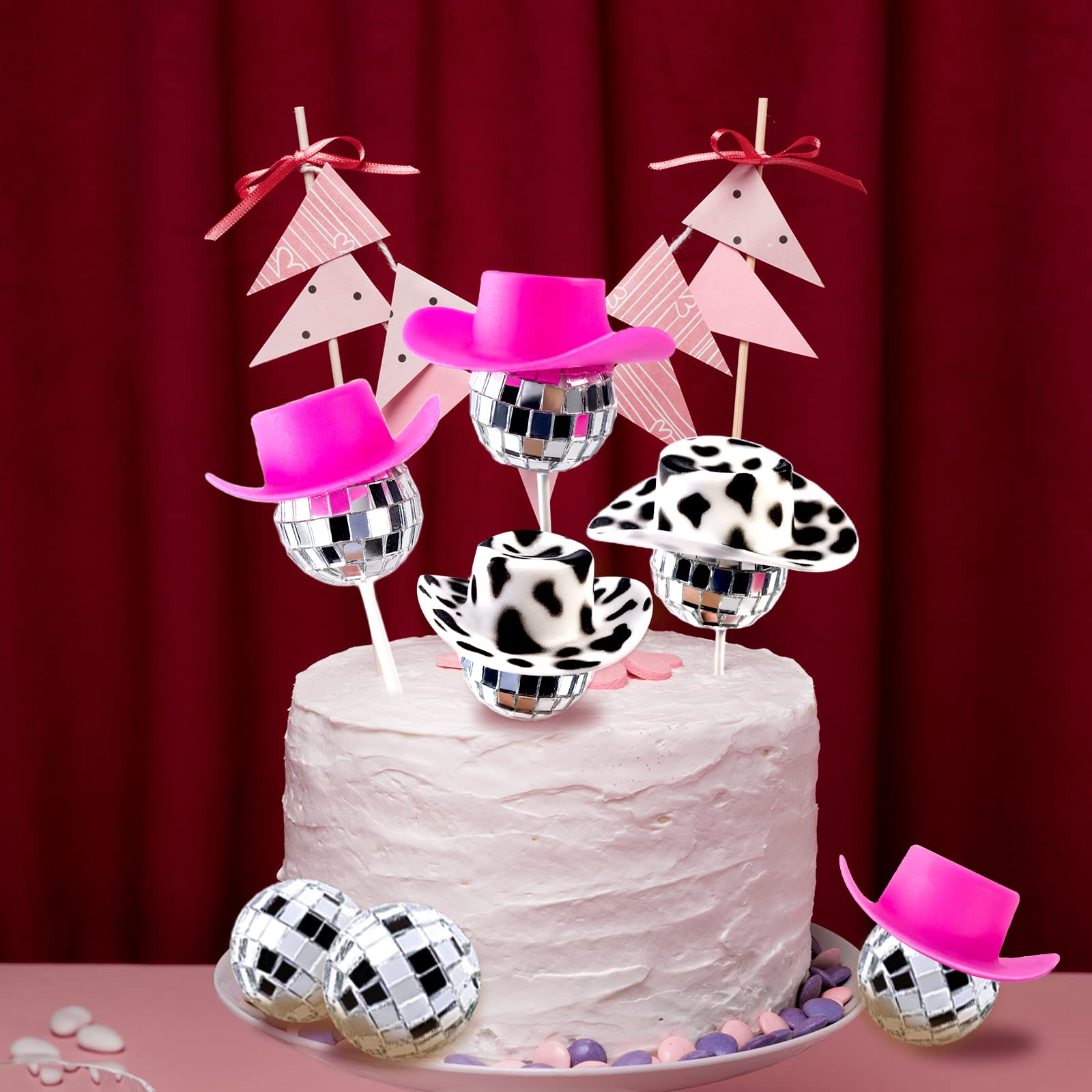 60Pcs Disco Cowgirl Pary Cake Decoration, 20Pcs Disco Ball Cup Toppers 10Pcs Mini Pink Cowgirl Hats 10Pcs Cow Print Cowboy Hats Westen Cowgirl Party Birthday Table Decor