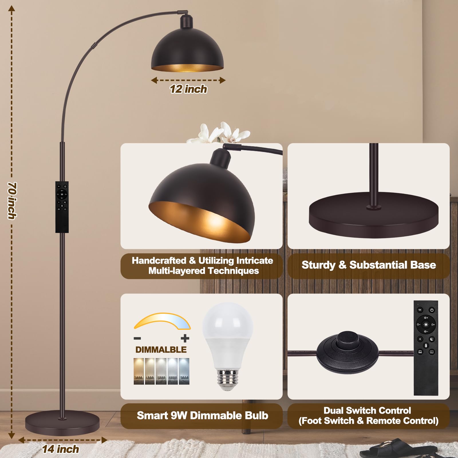 Bronze Arch Floor Lamps For Living Room Dimmable - Upgraded 9W Led Arc Lamp With 4 Color Temperatures, Remote Control Rustic Arc