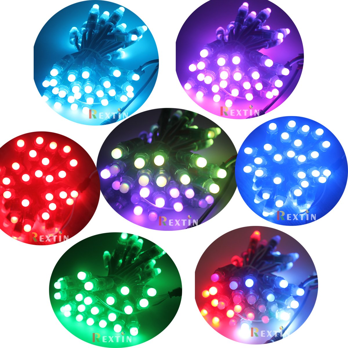 Rextin® Ws2811 Waterproof Rgb Led String Lights - 12Mm Dc 12V, 50Pcs, Digital Address