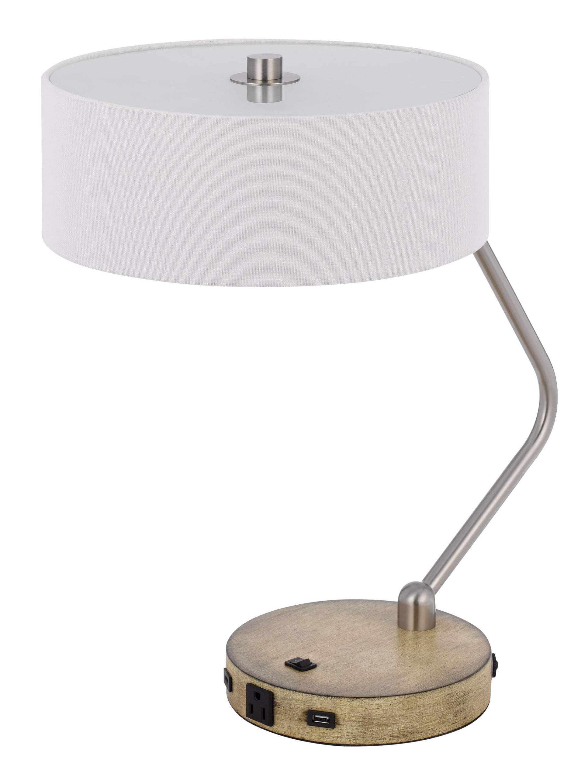 Homeroots Nickel Metal Two Light Usb Desk Lamp With White Drum Shade, Model 524743, 20 In.