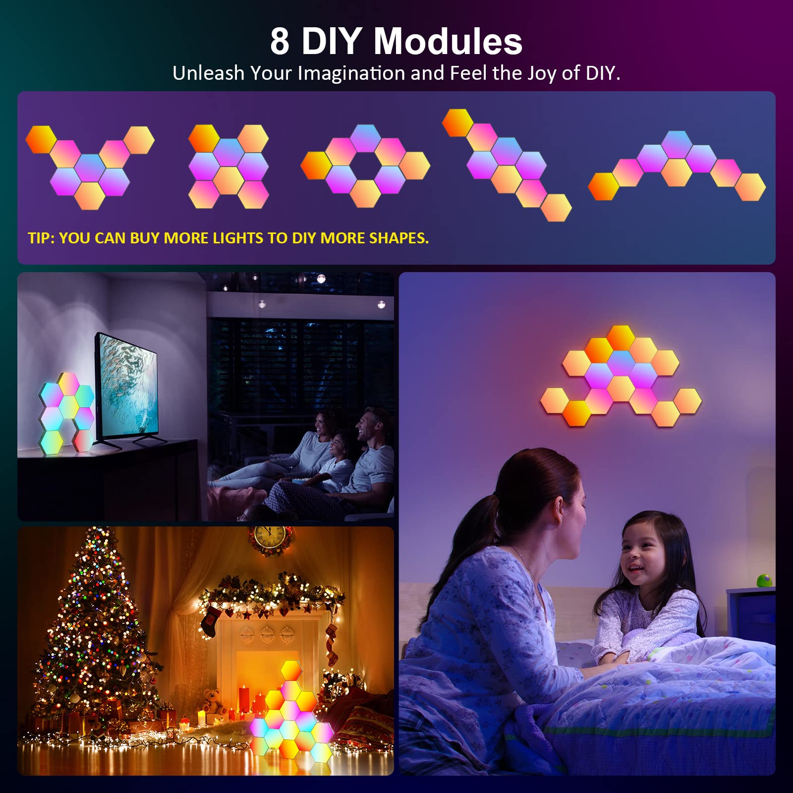 OJQ Hexagon Wall Light LED Panel - Smart RGB Modular Gaming Light, Music Sync, Multicolor, Honeycomb Shape