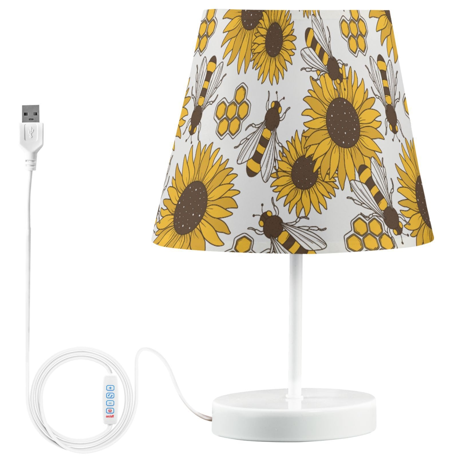 Peystean Vintage Sunflower Bee Floral 3 Colors Dimmable LED Table Lamp,11.8 Linen Shade Bedside Nightstand Decor Night Light for