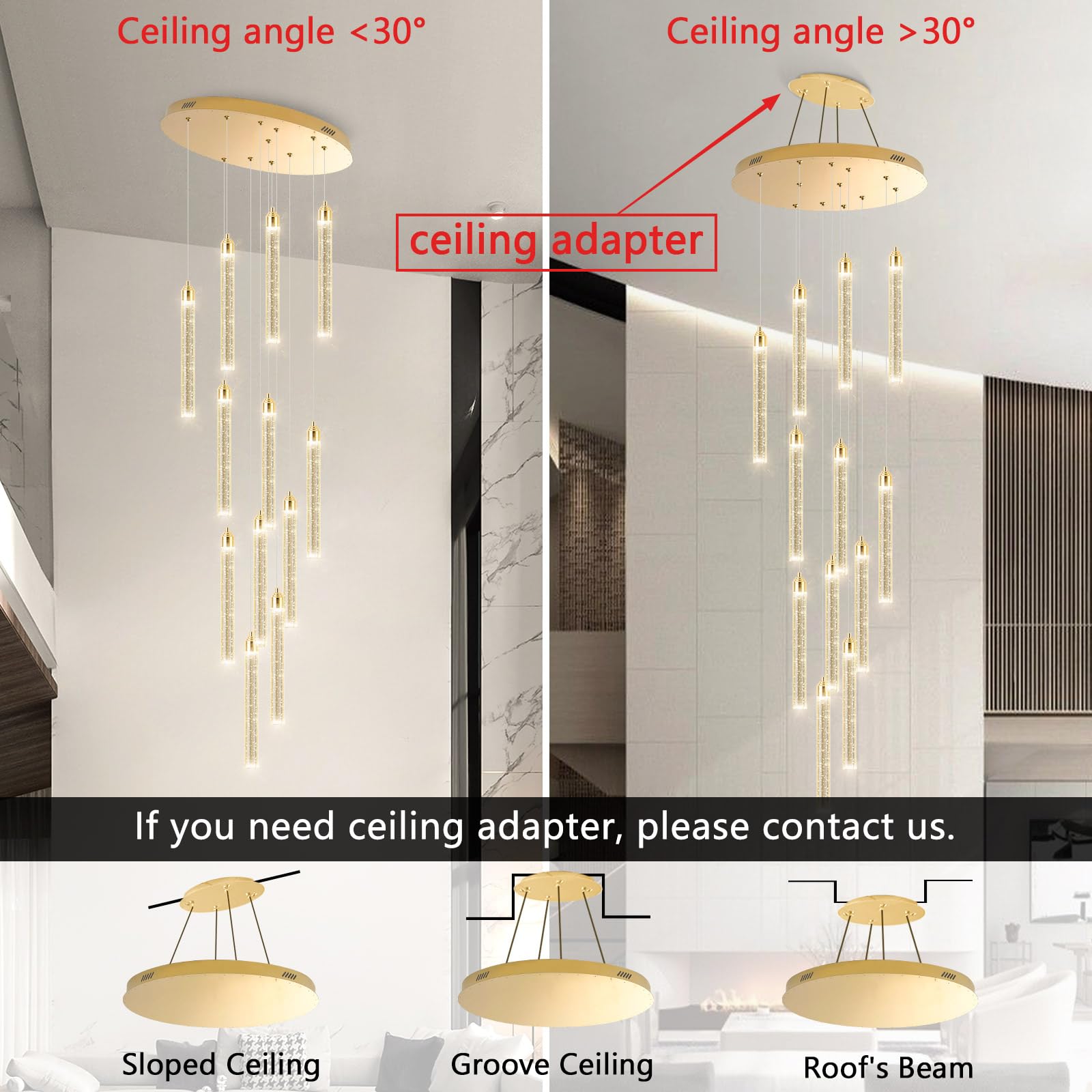 dolria 12-Lights LED Chandelier - Dimmable Crystal Pendant Light Fixture, Gold Finish for High Ceilings - Model PC0008