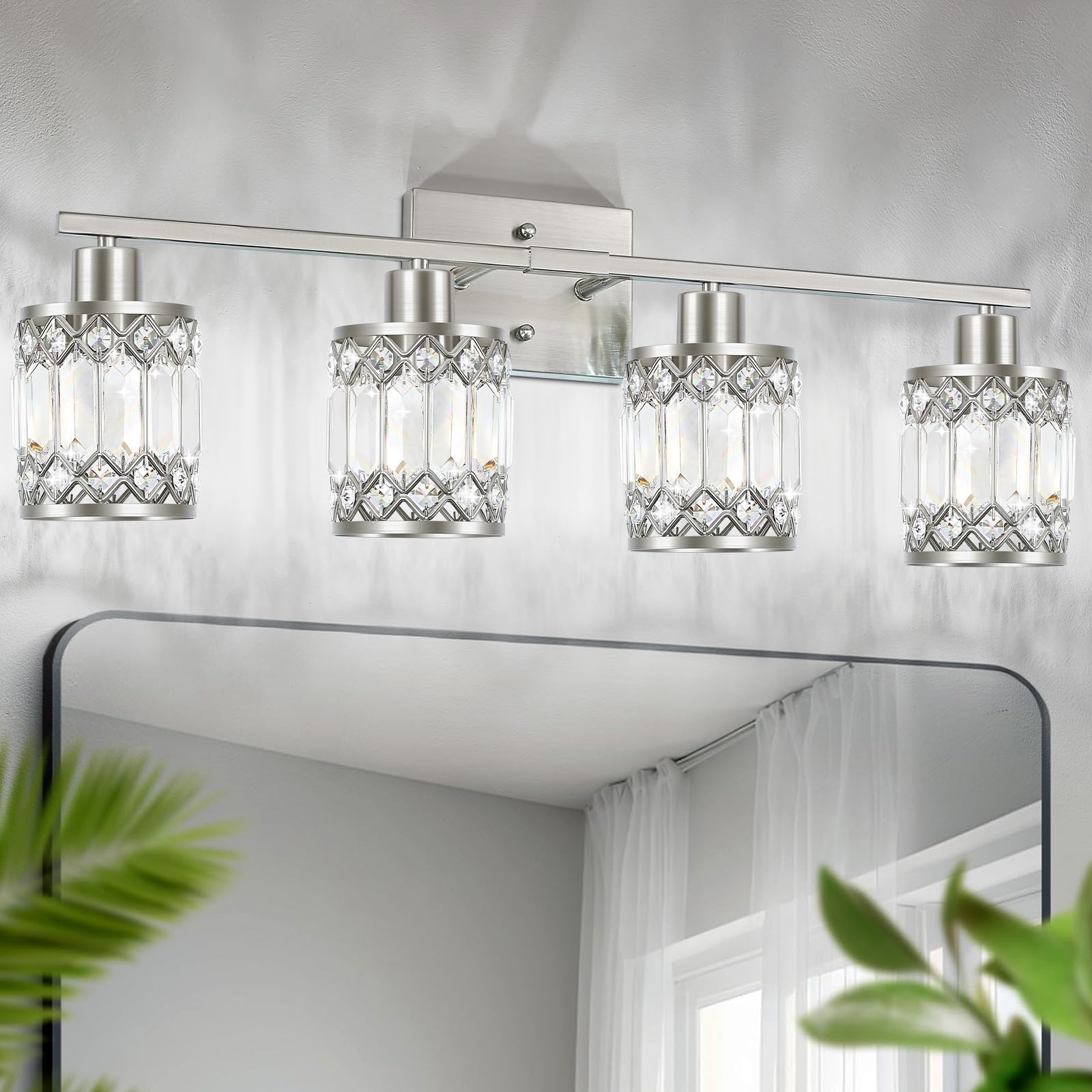 JZEKVN Crystal Modern Bathroom Light Fixtures, 4-Light Brushed Nickel Bathroom Vanity Wall Light, Vanity Lights for Mirror, Rest