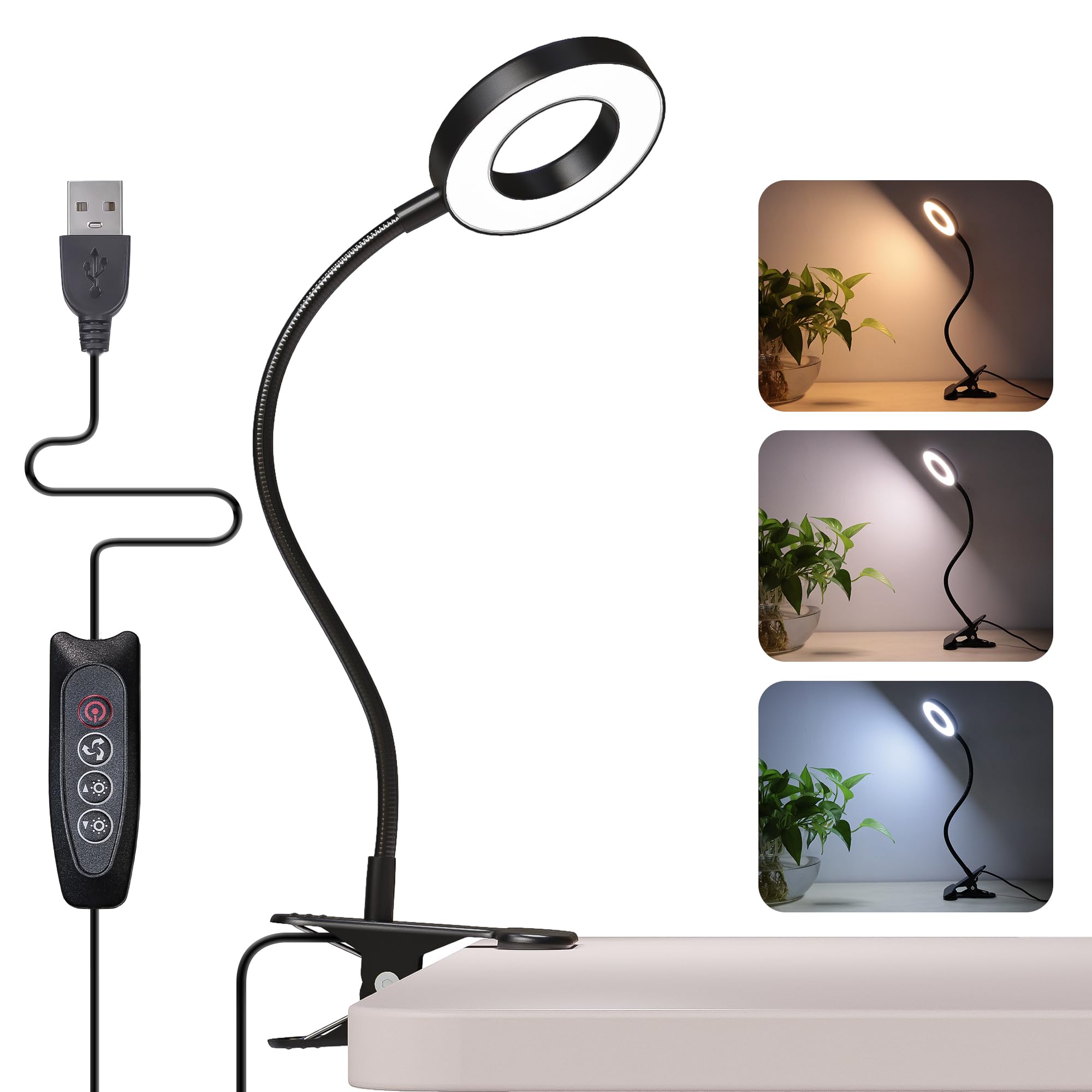 Foneso Desk Lamp, 48 LED USB Light, 3 Color Modes, 10 Brightness Levels, 360° Gooseneck, Eye Protection, Black