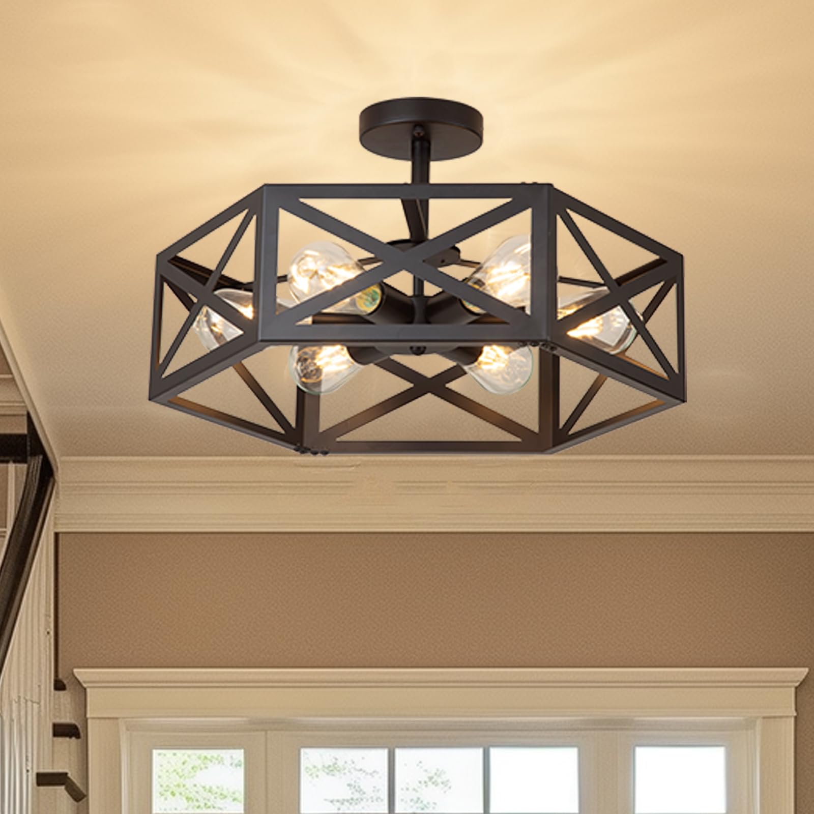 Aibisod Semi Flush Mount Ceiling Light Fixtures, 6-Light Modern Metal Farmhouse Semi Flush Mount Chandelier, Industrial Ceiling 