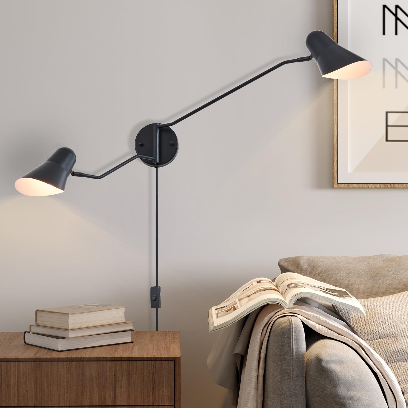 Afirstcght Modern 2-Lights Swing Arm Wall Sconces Black Plug in Wall Light 180 Rotatable Wall Mount Lamp with ON/Off Cord for Be