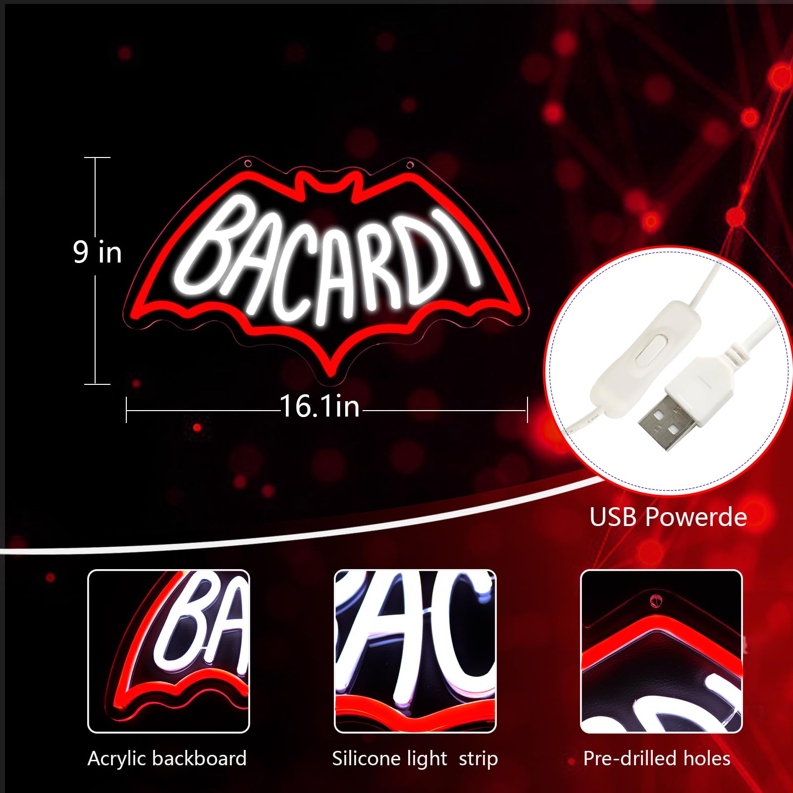 AHlove Neon Sign - Bacardi Rum Wall Decor, USB Powered Bar Light, Acrylic, 17x13 Inches, Model NS-BACARDI-002, Color BACARDI-002