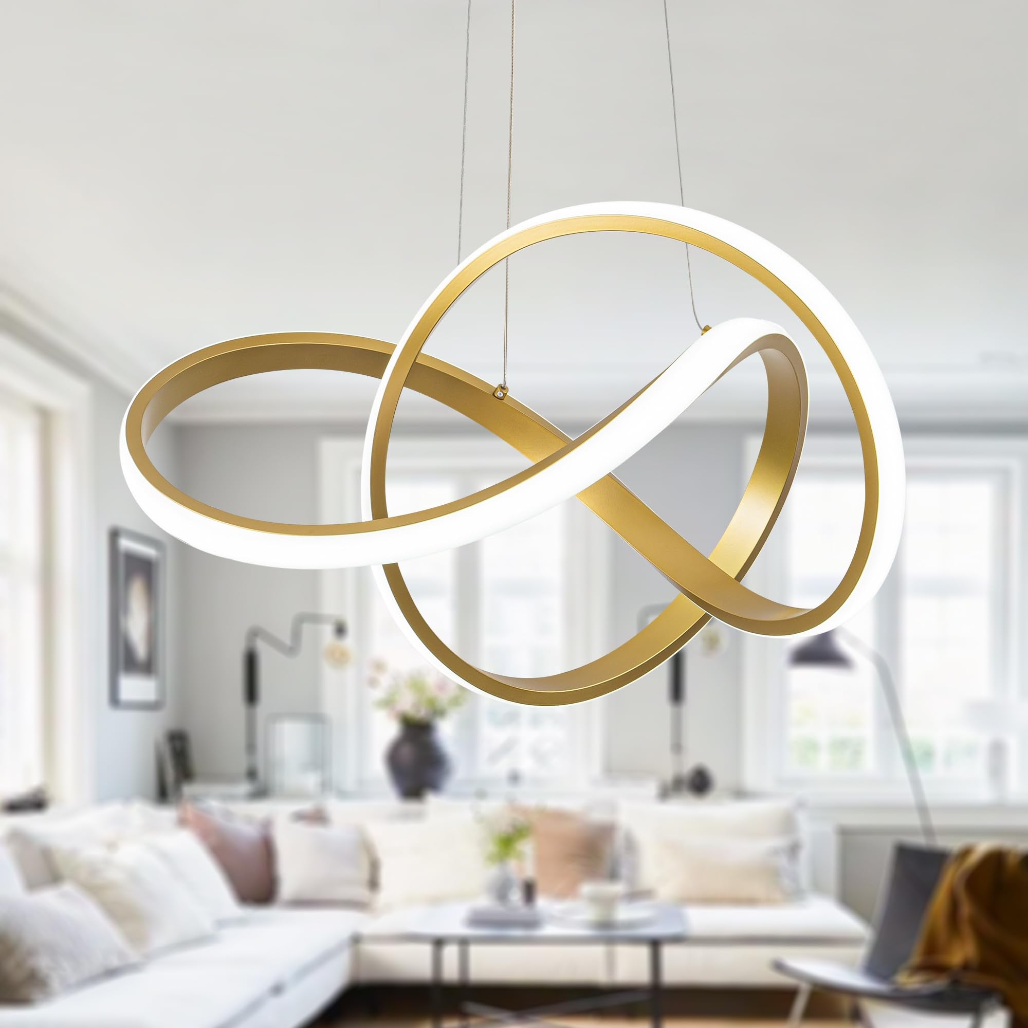 Mayna Modern Gold Led Chandelier Light Fixture Over Table, Led Pendant Light With Irregular Ring Lights, Modern Chandeliers For 