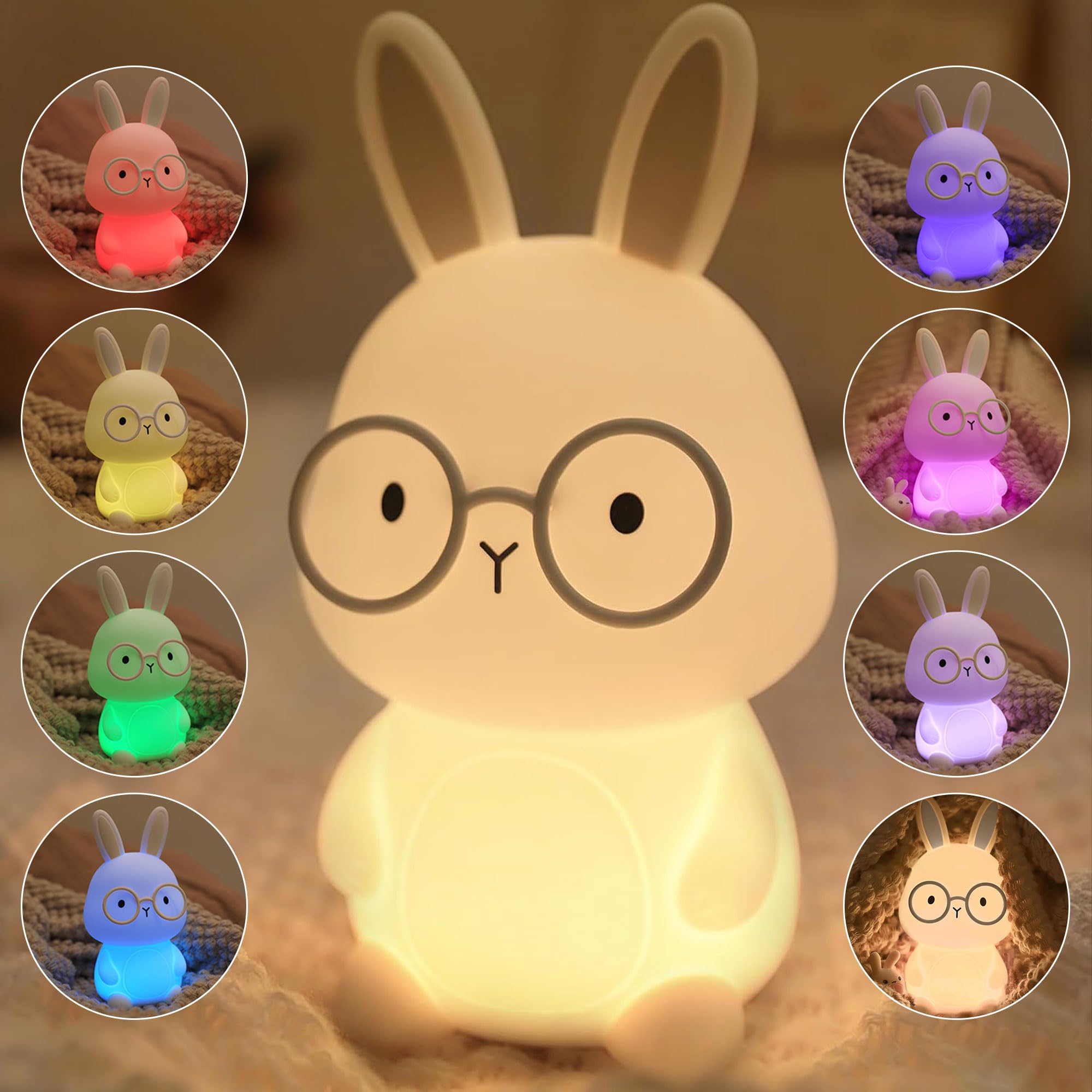 FAMIDUO Bunny Night Light, Rechargeable LED Rabbit Lamp, Silicone, Color Changing, 3 Levels Dimmable, White-Gray, Model XR-MM-L2414