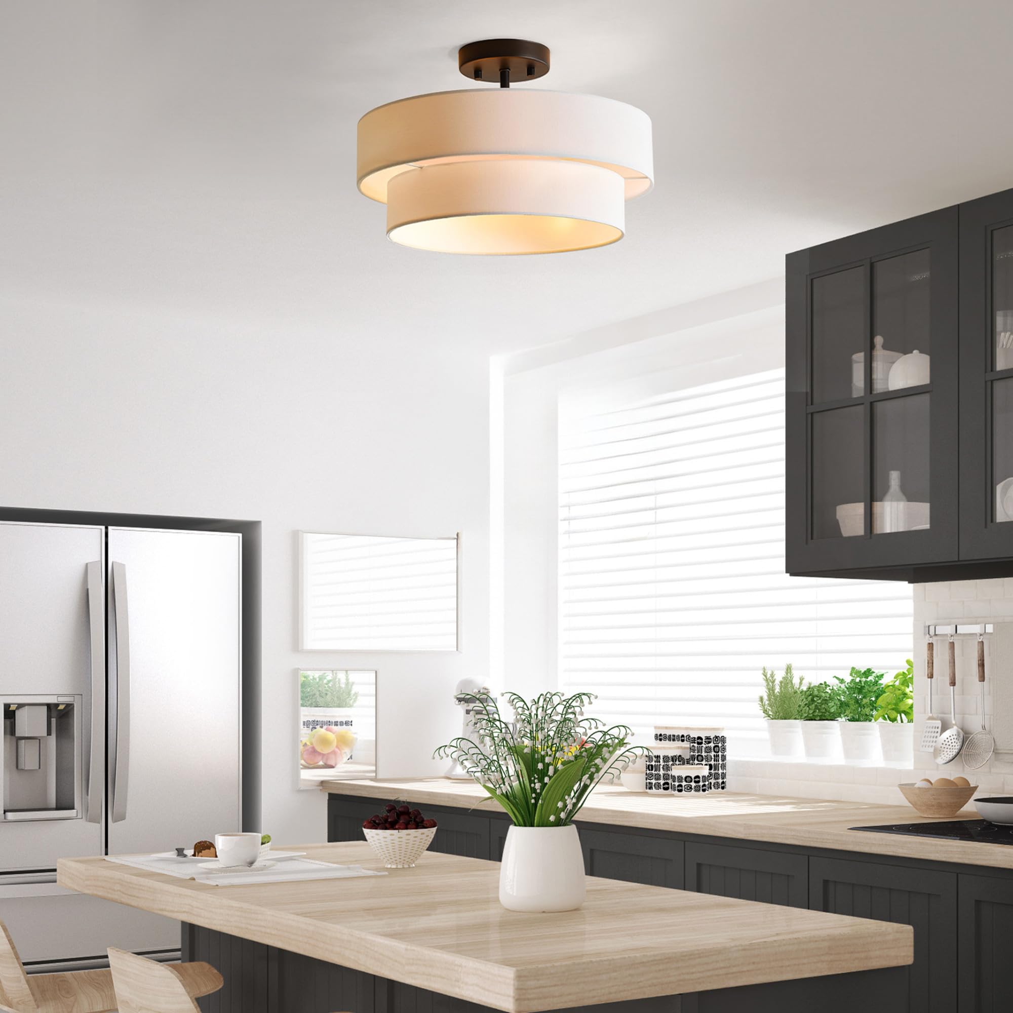 Globe Electric 66000138 2-Light Semi-Flush Mount Ceiling Light, Matte Black, 2-Tier, White Linen Shade, Home Improvement, Dining