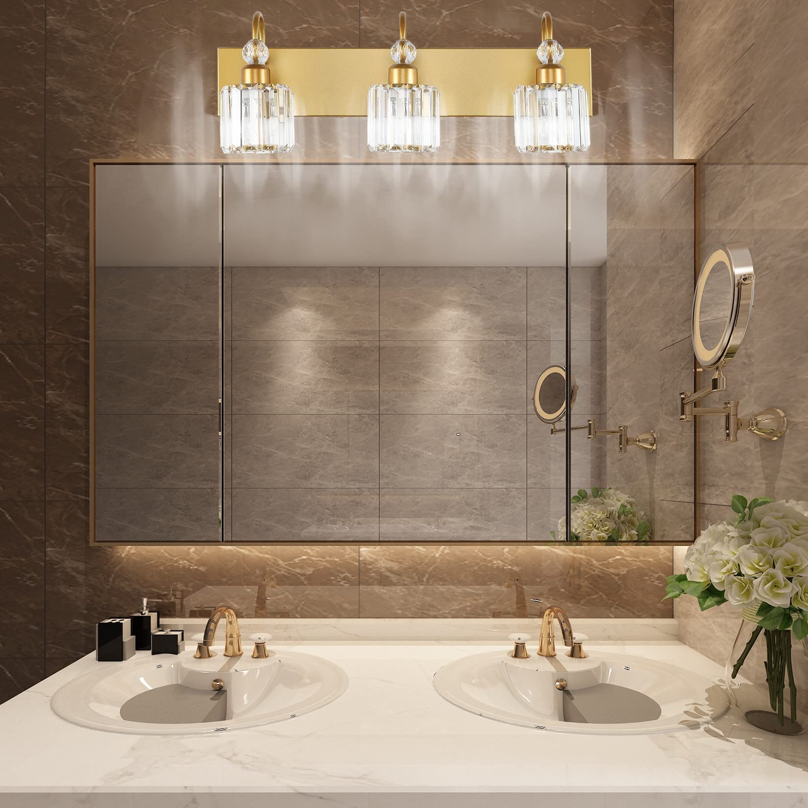 Ralbay 3-Light Gold Crystal Bathroom Vanity Lights Over Mirror, Modern Round-Gold Design, Model 8600