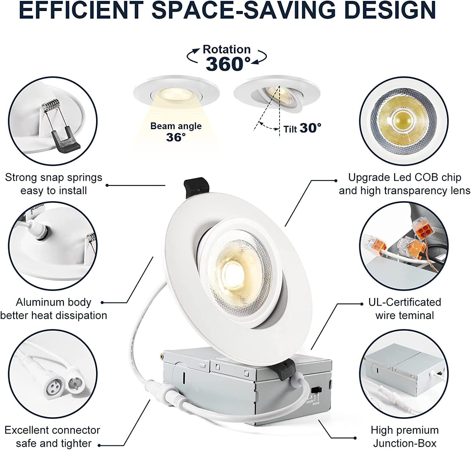 LTpro 4 Inch Gimbal LED Recessed Light, Dimmable 12W, Waterproof, 2700K-5000K, Aluminum, 4 Pack, COB-4inch