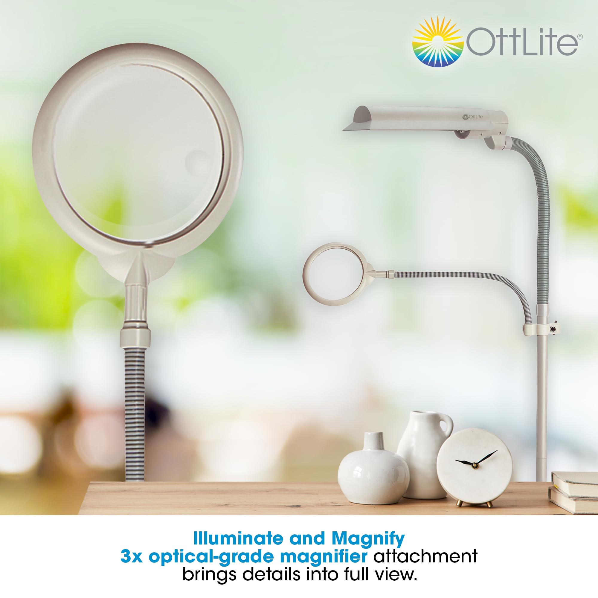 OttLite 18w Floor Lamp with 3X Magnifier, Flexible Neck, Dove Grey, Model W9437T-SHPR, Ideal for Crafting, Sewing, and Reading