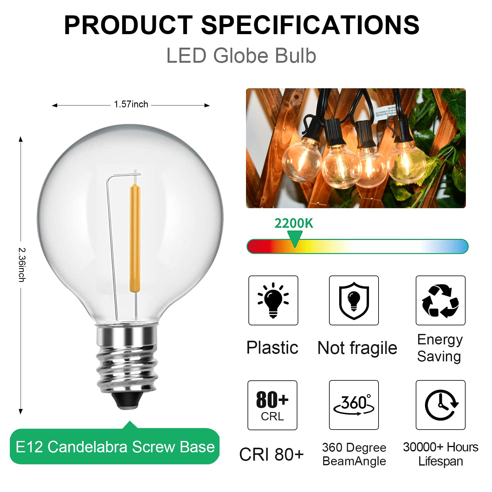 25 Pack G40 Led Replacement Light Bulbs, 0.6W Shatterproof Clear Globe Light Bulbs For Outdoor Patio Indoor String Lights, E12 O