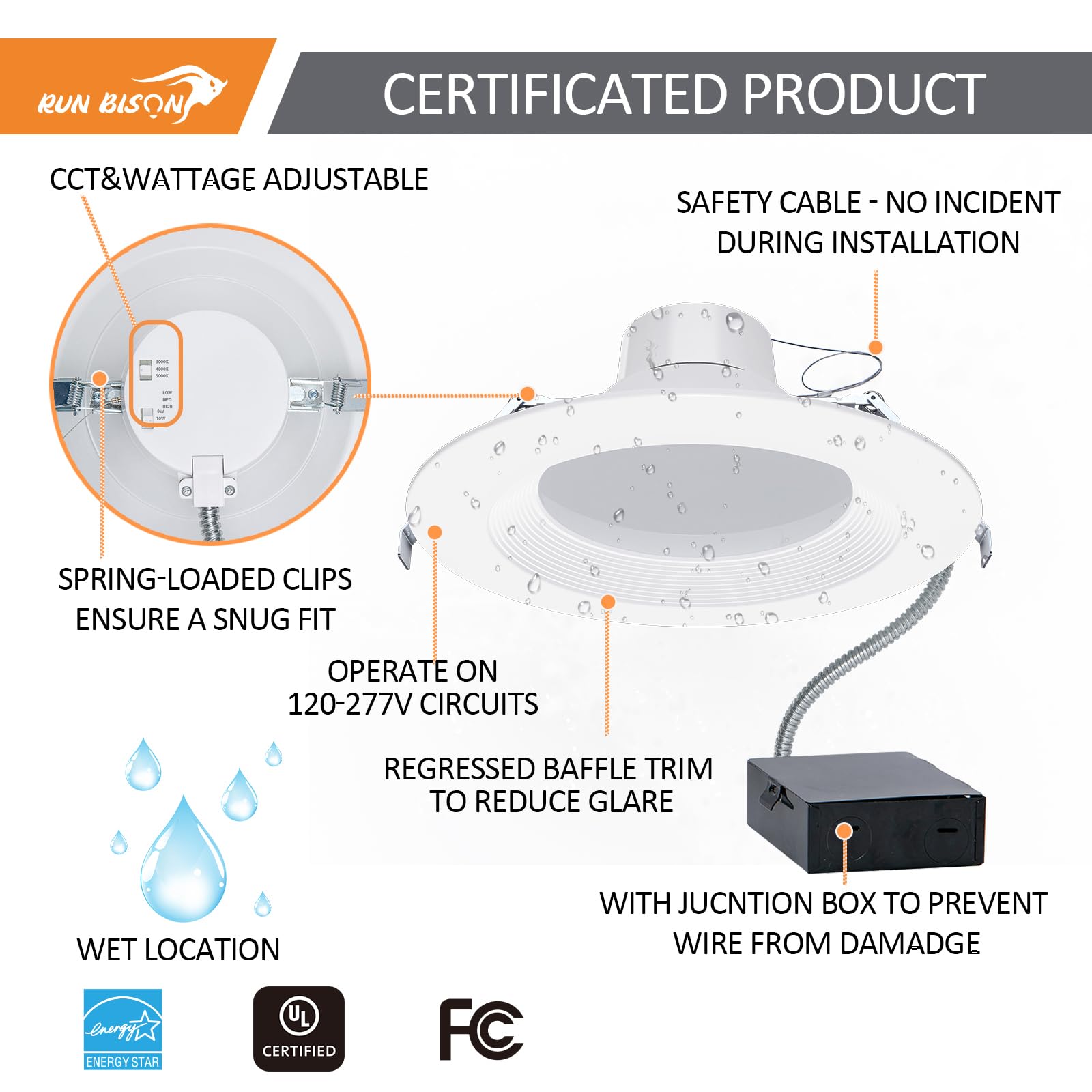 Run Bison 10 Inch Recessed LED Downlight - 22/29/37.5W, 3 CCT 3000K-5000K, Dimmable, IC