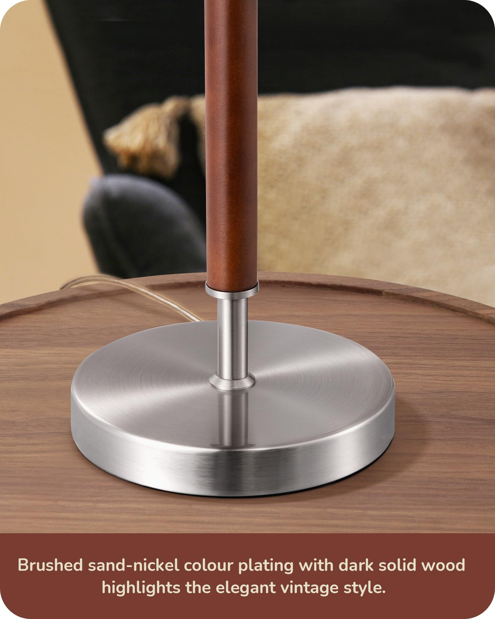 EDISHINE Mid Century Table Lamp, Solid Wood & Metal, Beige Linen Shade, E26 Base, Silver Finish