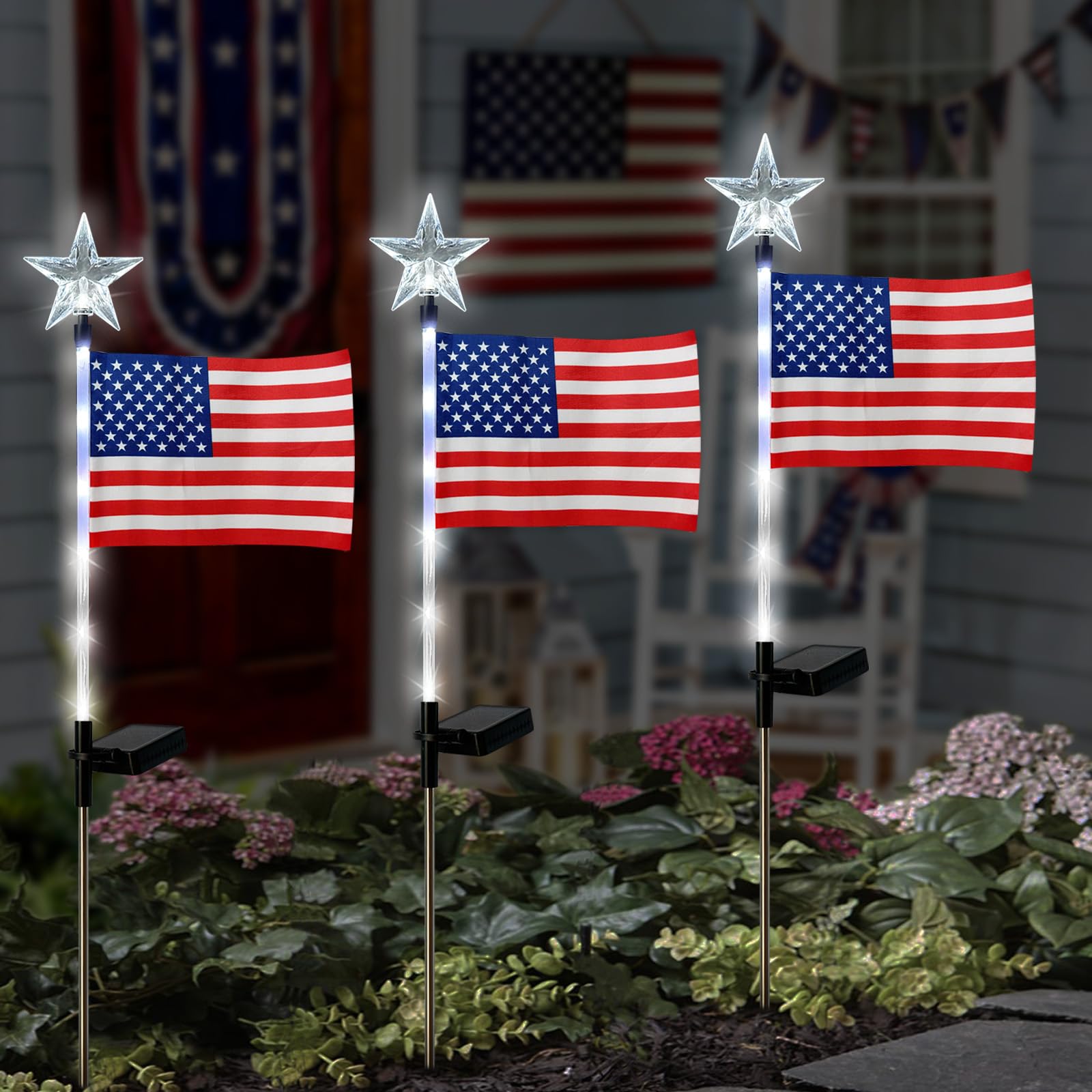 4th of July Decorations Outdoor,3 Pack American Flag for Outside Garden Stakes,Patriotic Solar Lights Outdoor Pathway,Yard,Lawn,