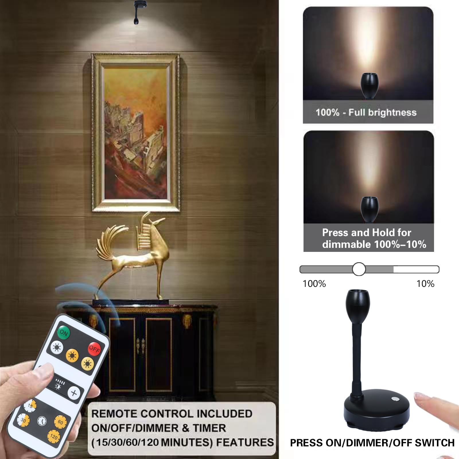 Hamvidne Wireless Led Spotlight, Battery Powered Picture Lights, Uplighting Indoor, 3 Lighting Modes Puck Lights With Remote, 360°Rotation Small Spot Lights For Wall Display Painting Artwork-2Pack