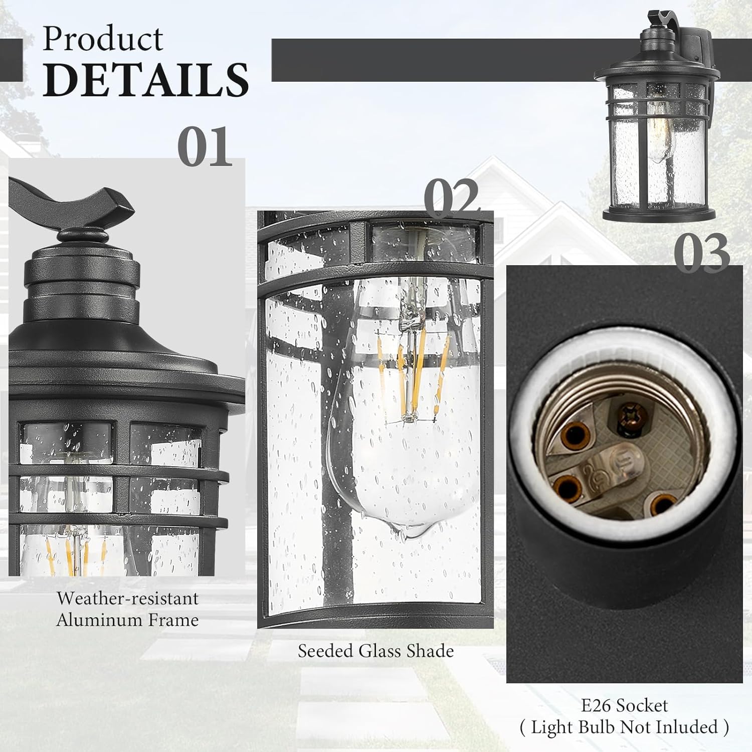 Darkaway Outdoor Porch Lights - 15in Wall Mount Sconces, Seeded Glass, 2 Pack, Black Aluminum