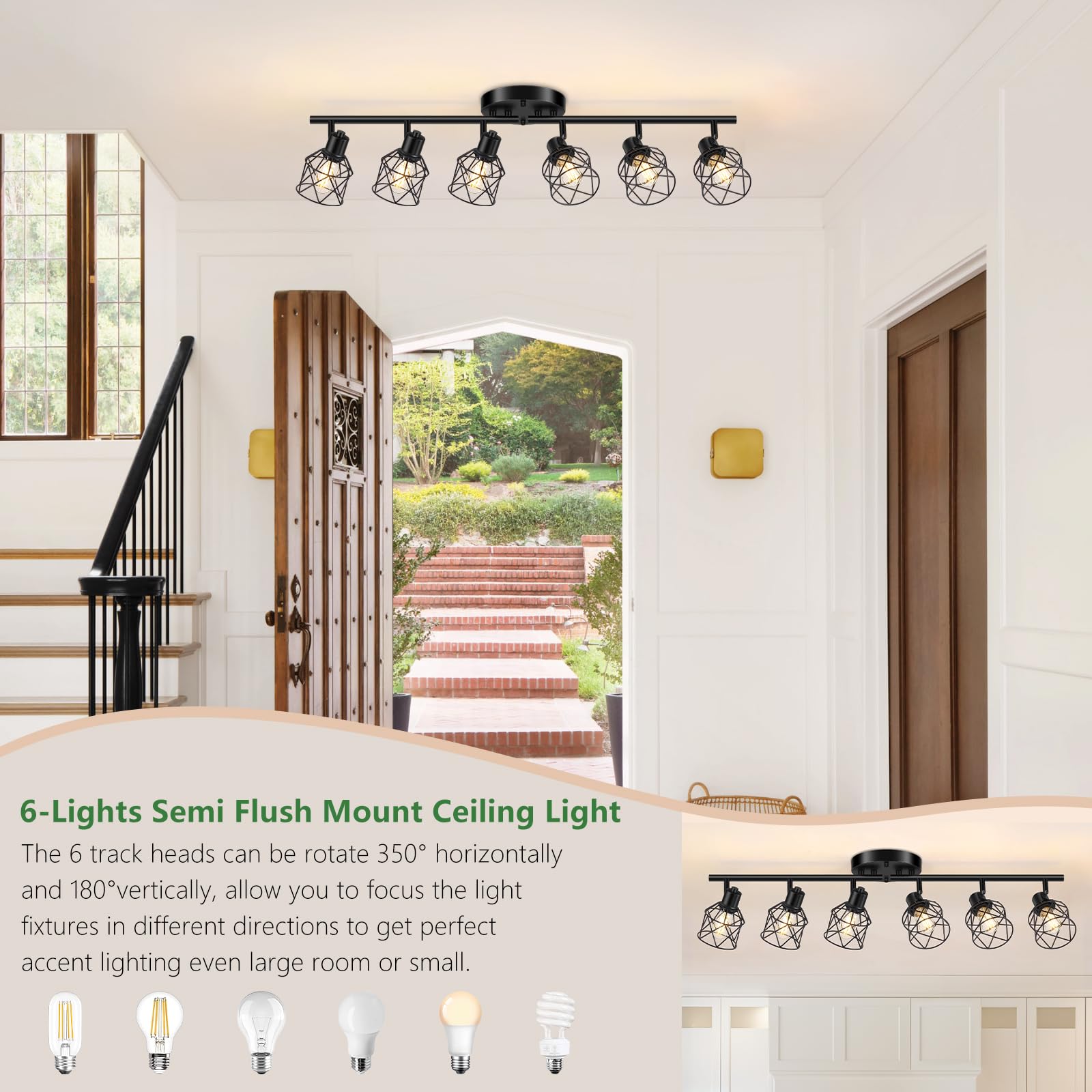 Baocuz 6-Light Black Semi Flush Mount Ceiling Light, Rotatable Metal Track Fixture for Living Room, Dining Table, Foyer