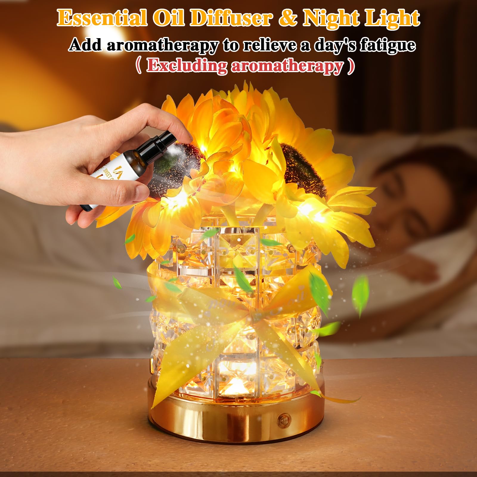 Valentine'S Day Gifts Birthday Gift For Women/Mom Crystal Flower Lamps,3 Color Bedside Lamps Infinitely Dimming With Usb Charge