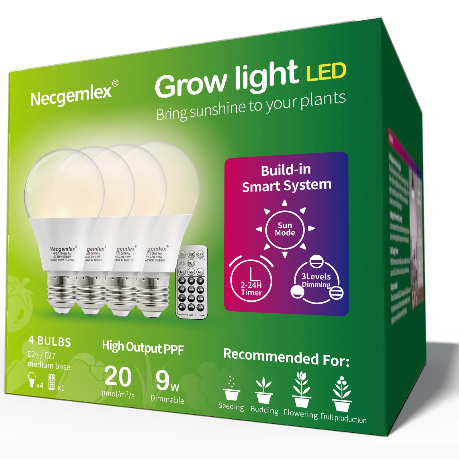 Necgemlex Smart Led Grow Light Bulbs With Remote Controller, Sun Simulation Mode, Built-In Auto Timer, A21/A70 E26/E27 9W Dimmable Full Spectrum Intelligent Plant Grow Bulbs For Indoor Plants, 4 Pack