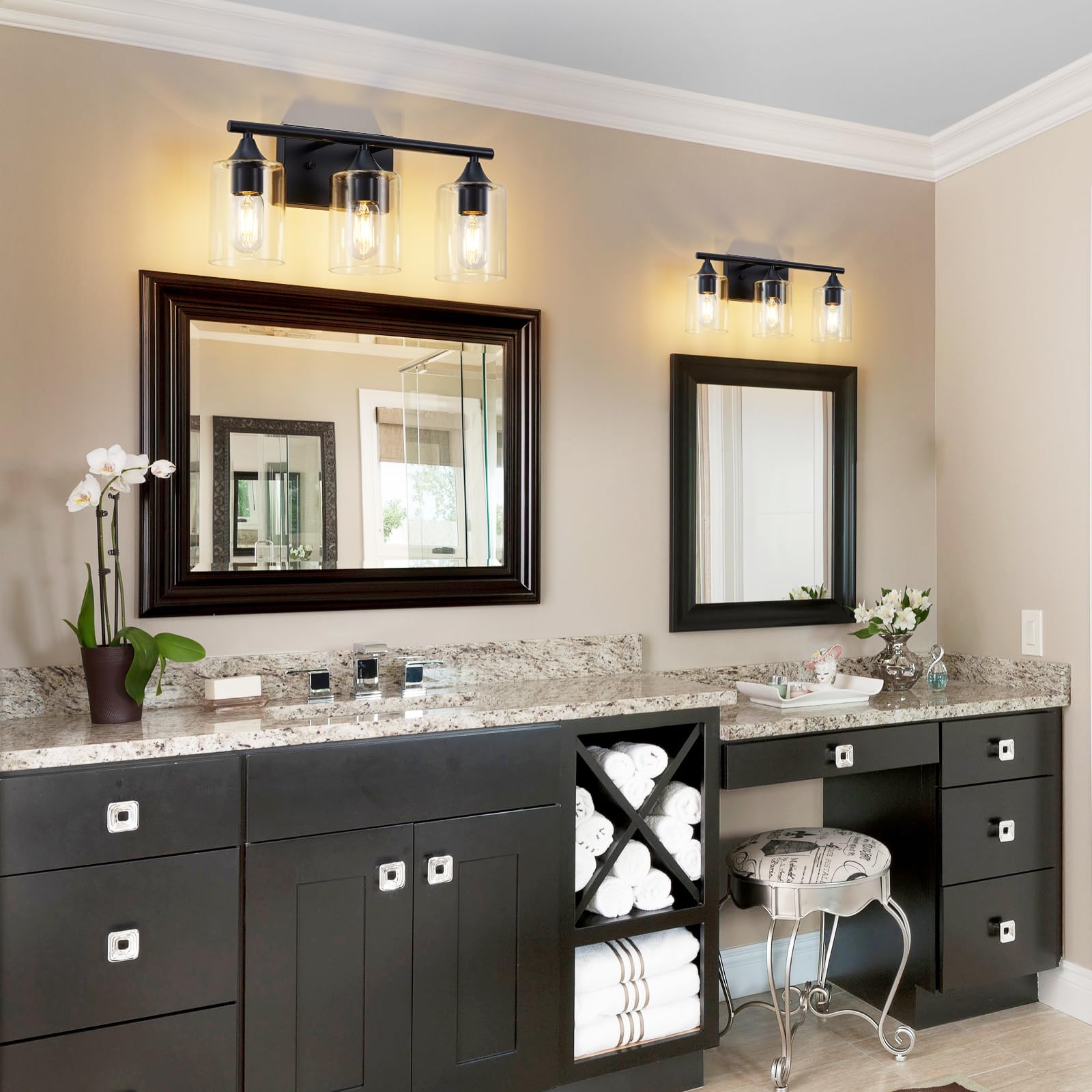 Xpehk Bathroom Lighting Fixtures Over Mirror,3-Light Black Bathroom Vanity Light,Sconces Wall Lighting With Clear Glass Shade,Li