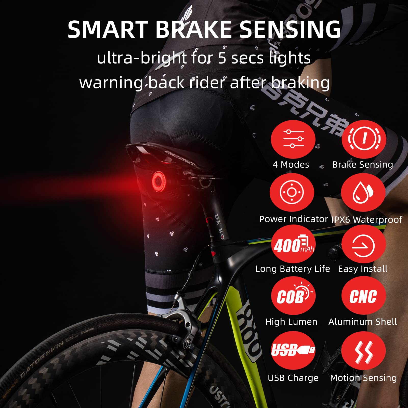 ROCKBROS Smart Bike Tail Light, Ultra Bright LED, IPX6 Waterproof, Brake Sensing, Rechargeable, Model TL907Q50-CBR, Black