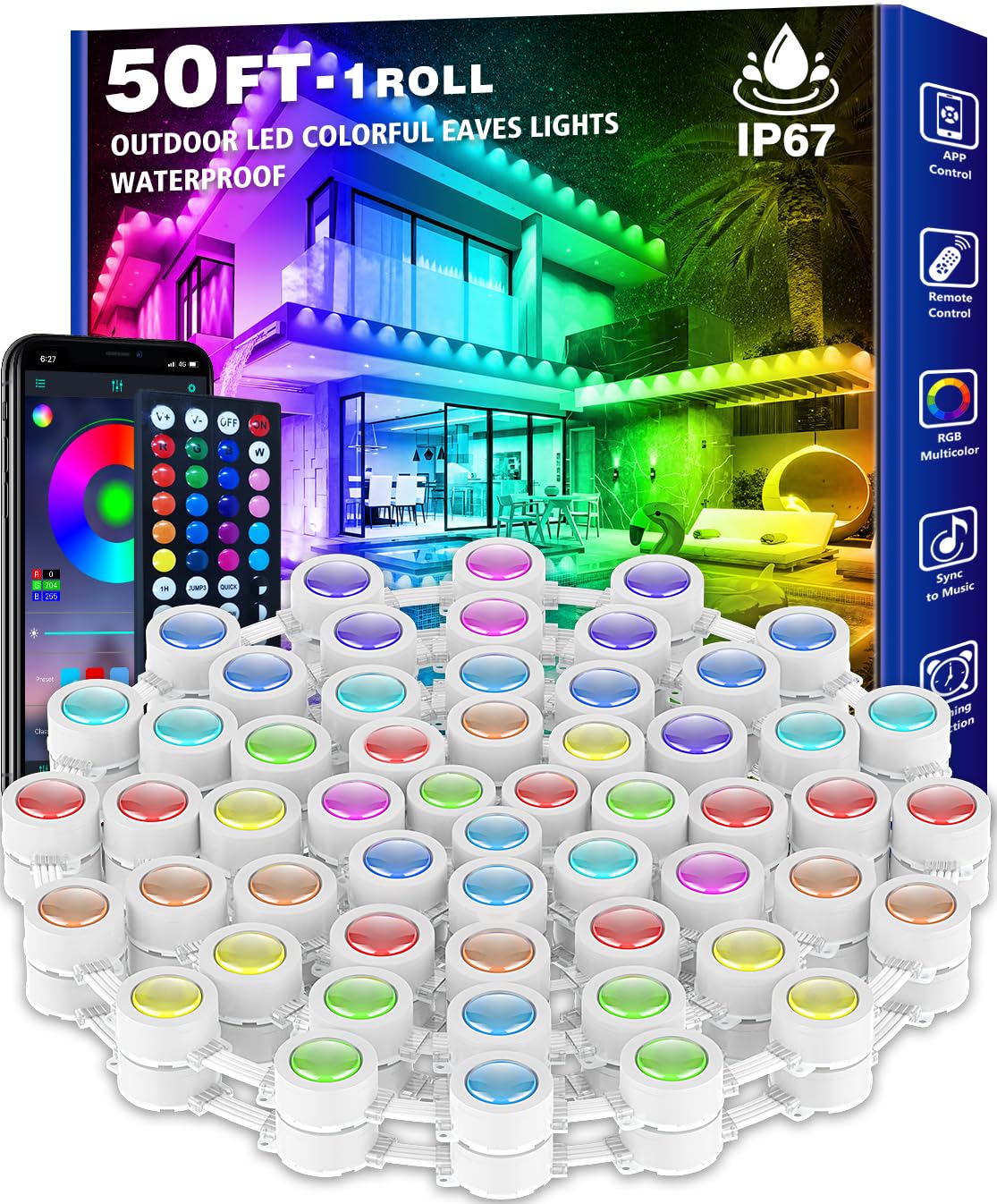 50FT Permanent Outdoor Lights,RGB Eaves Lights with App Control Remote,DIY Scene Modes IP67 Waterproof Outdoor Under Eave Lighti