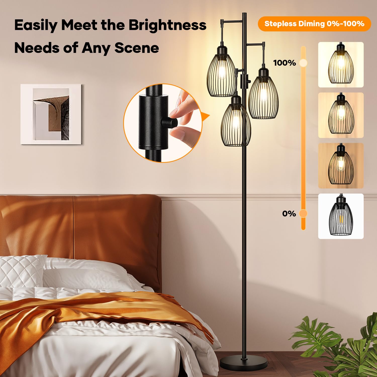 Nintiue Dimmable Floor Lamp - 3 x 800LM LED Bulbs, 70" Matte Black Metal, Model FL1908, Farmhouse Industrial Style for Living Room/Office