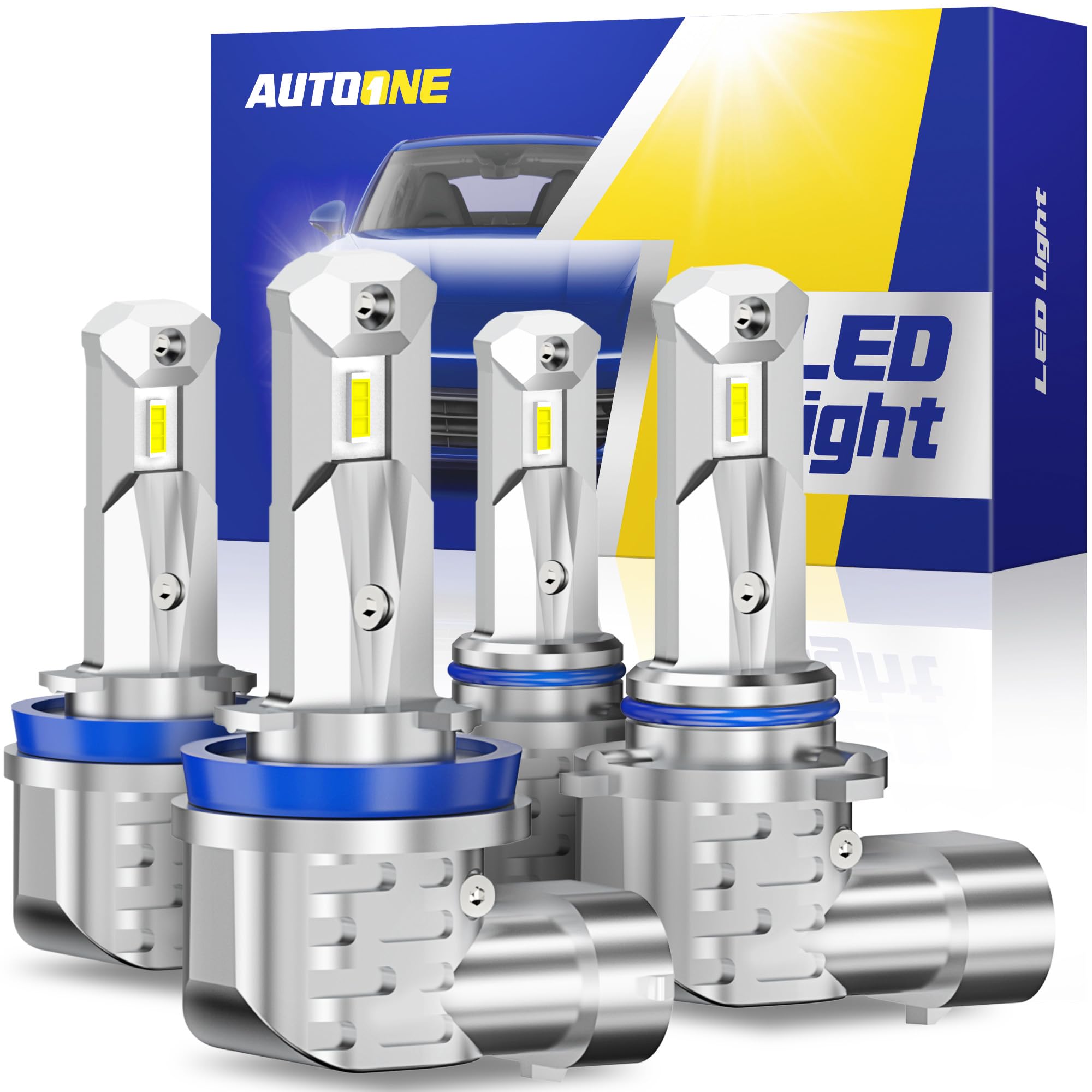 AUTOONE LED Bulbs Combo, 60000LM, H11/H9/H8+9005/HB3, Fanless, 6000K White, Pack of 4