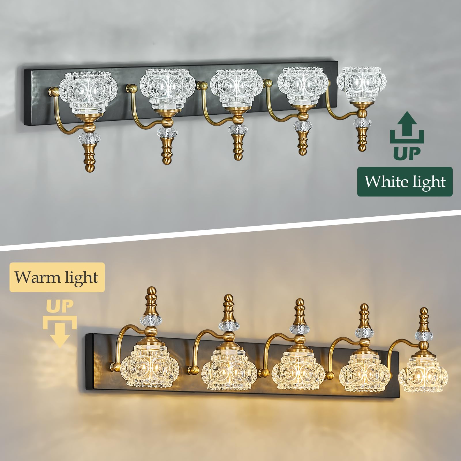 Lbsqj Modern Glass Crystal Vanity Light - Vintage Bathroom Lighting Fixtures Over Mirror  5 Light Vanity Lights G9 Bulb (35.43 Inch  Black Gold)