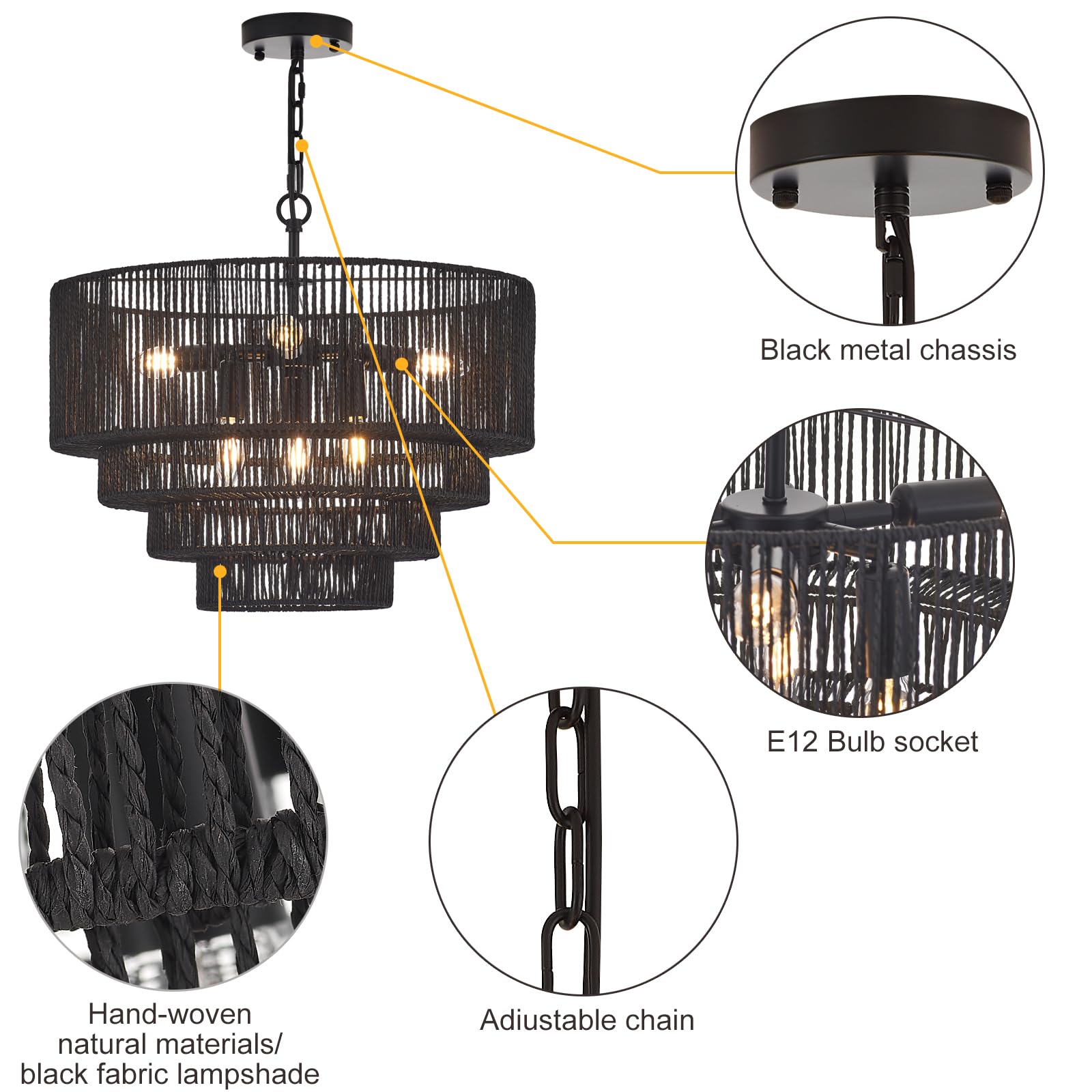 Yomecoo 19.7'' Hand-Woven Rattan Chandelier Vintage Farmhouse 6-Lights Boho Black Bamboo Chandeliers Light Fixture Retro Drum Wi