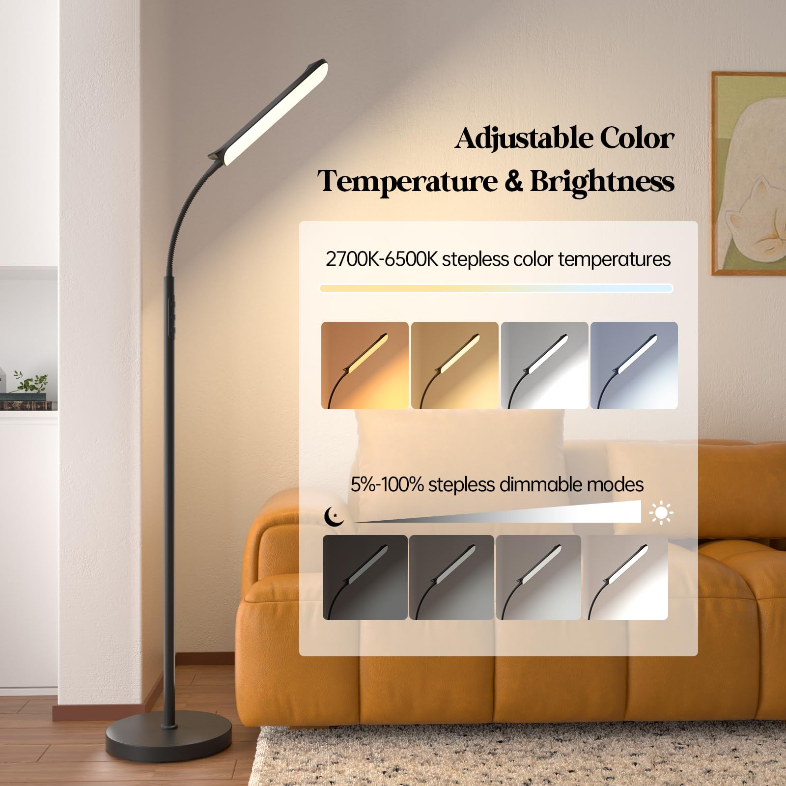 Led Floor Lamp, 18W Super Bright Floor Lamp For Living Room, Adjustable Stepless Colors & Brightness Gooseneck Standing Lamp, Ey