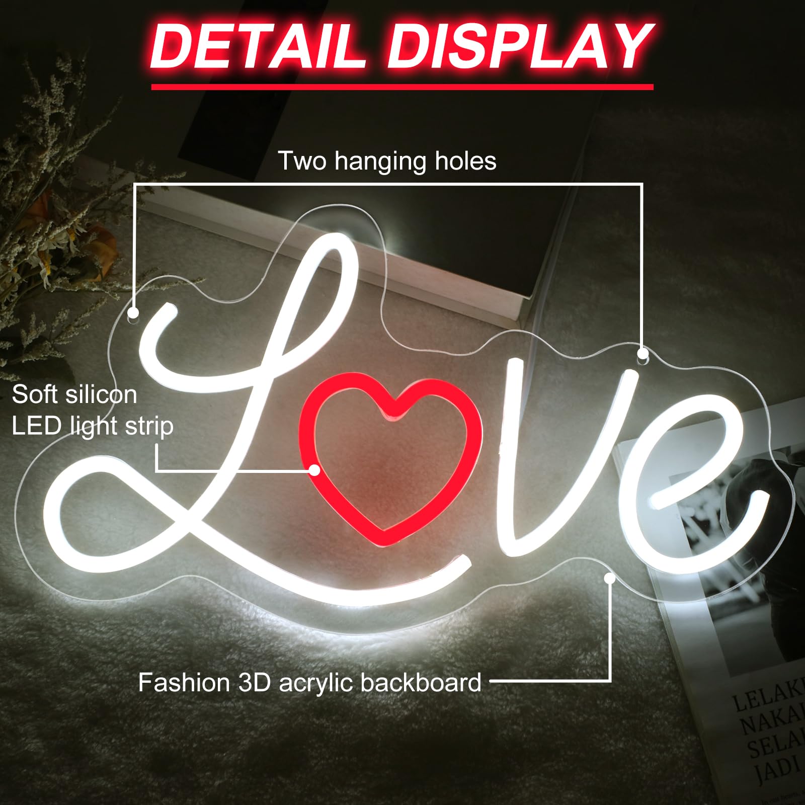 DMDMBSR LED Love Neon Sign, Dimmable Acrylic Wall Decor, Small 15.7inx8.7in, Love Heart, Model fb-19