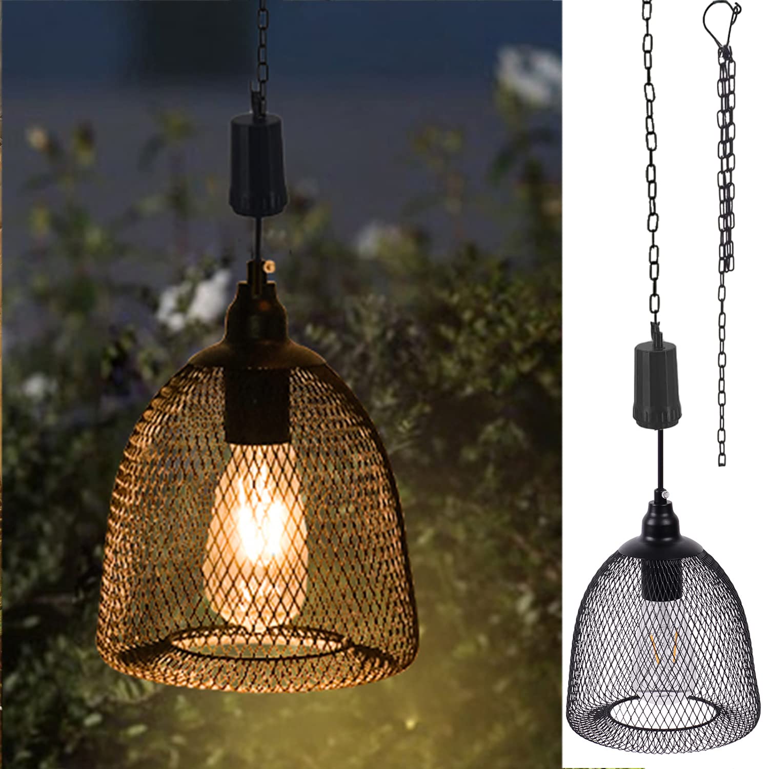 Battery Operated Hanging Light with 6 Hours Timer, Outdoor Indoor Decorative Lantern Chandelier Pendent Haning Metal Black Hangi
