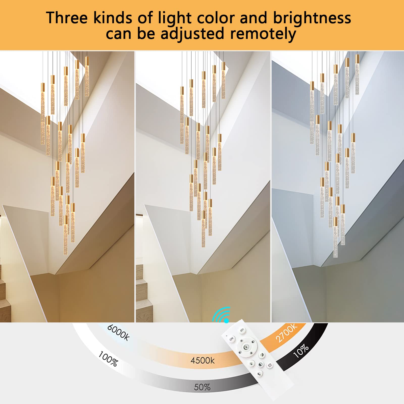 HAIXIANG Chandelier for Living Room Entryway, Dimmable Pendant Lighting, 36 Lights, Gold, Model MMQ3810-36tou-Gold