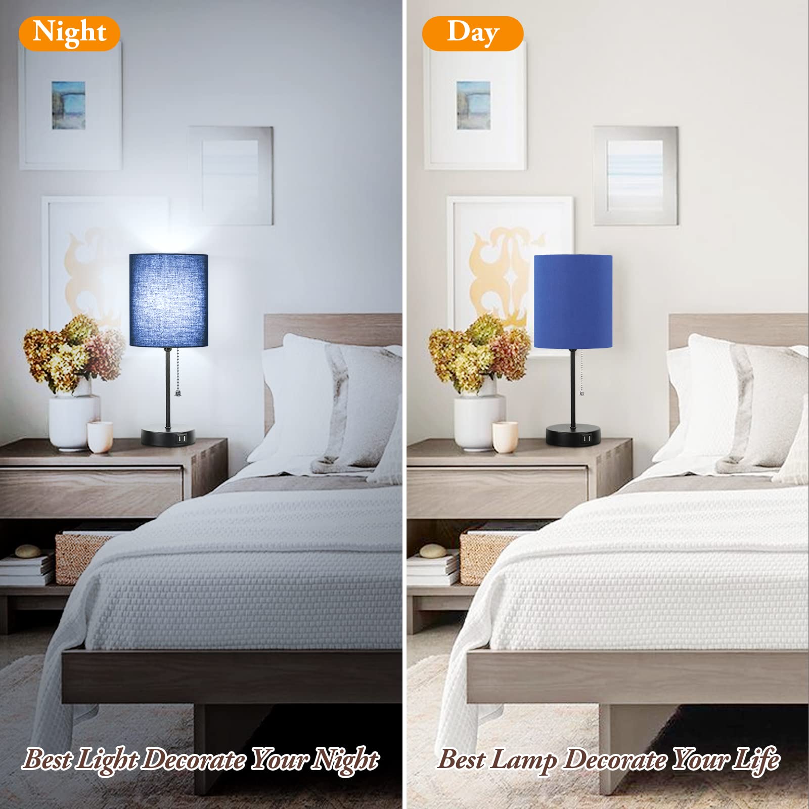 Table Lamps Set Of 2 With Usb Charging Ports, Blue Bedside Lamps With Ac Outlet, Nightstand Lamps With Pull Chain Switch, Minima