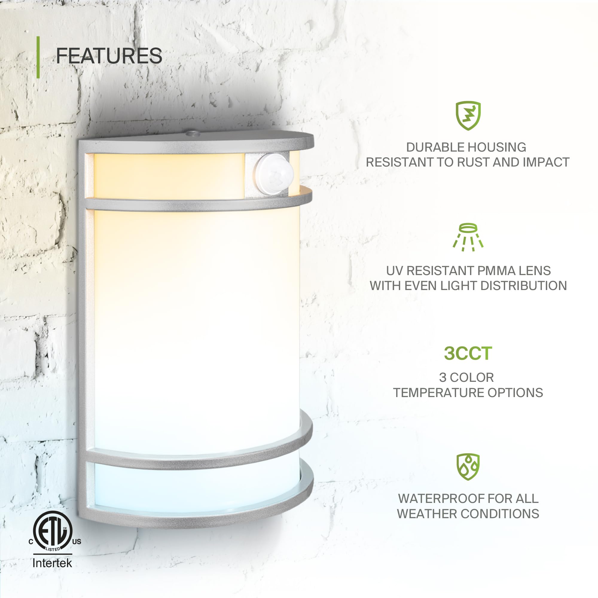 Asd 10 Inch Led Outdoor Wall Mount Light Fixture With Motion Sensor - Brushed Nickel Wall Sconce Lighting - 15W 120-277V 3000K 4