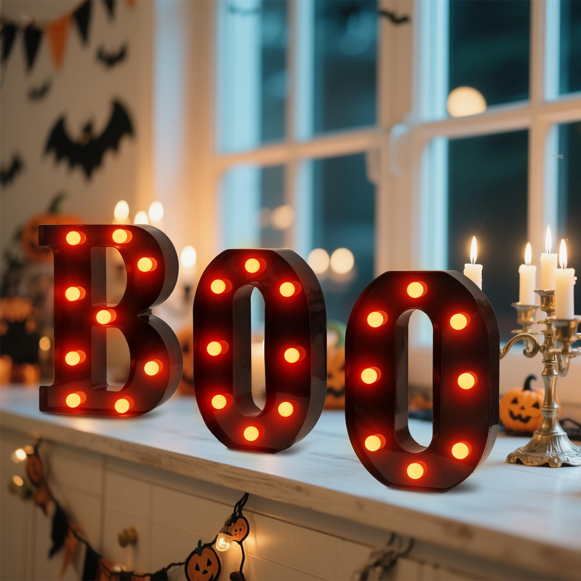 NWLIGHT Halloween LED Marquee Letters Set - 3 Pcs Black Lights with Orange Glow, Battery Operated, 6.69x5.31x8.86 inches