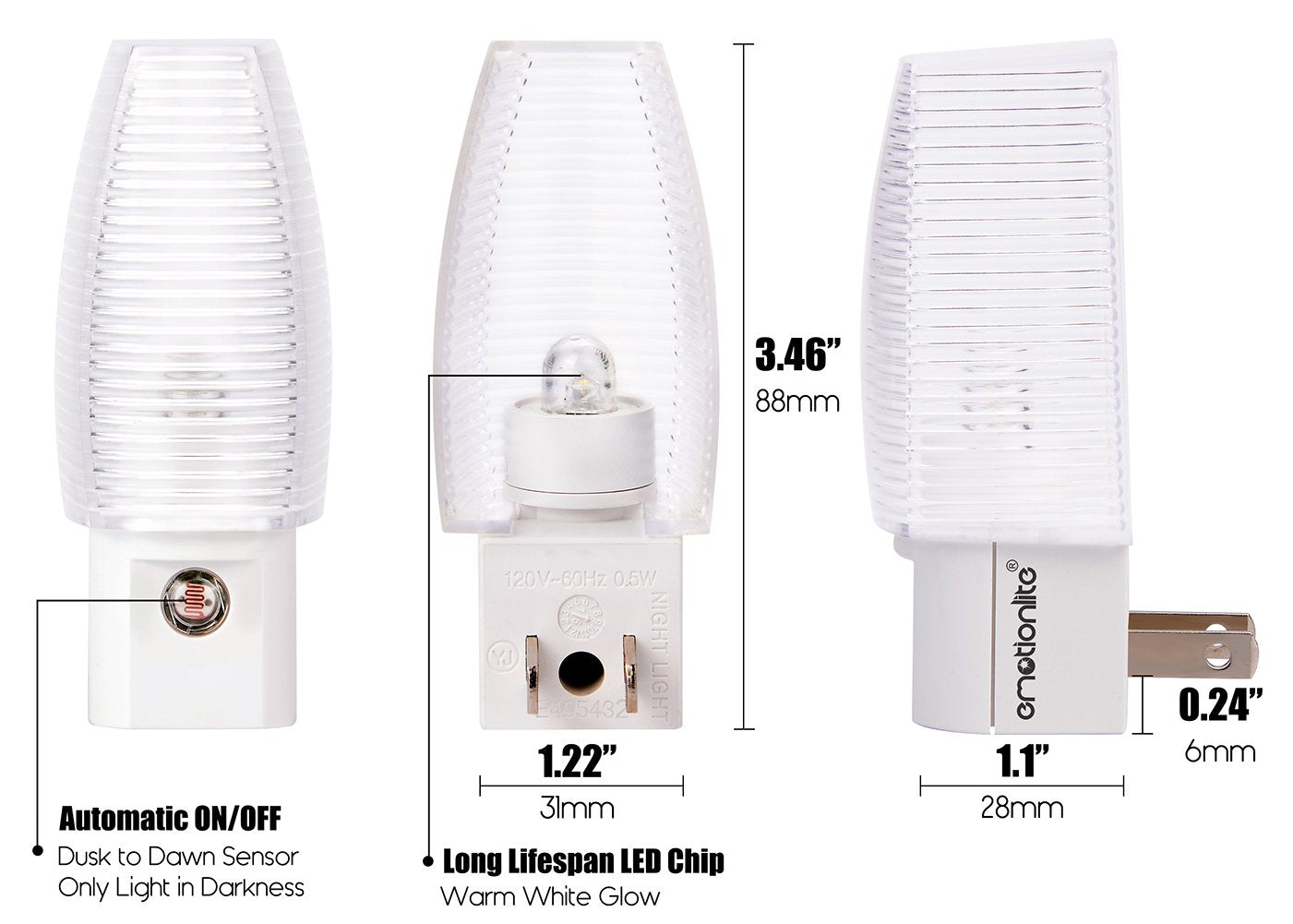 Emotionlite 8 Pack Warm White LED Night Lights with Dusk to Dawn Sensor, Ideal for Kids' Nursery, Bedroom, Bathroom, Hallway, Stairs