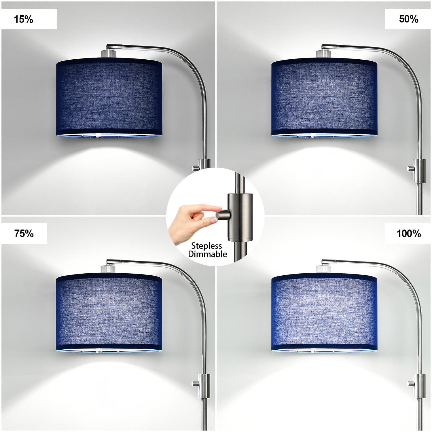 Nintiue Dimmable Brushed Nickel Floor Lamp with LED Bulb, Arc Design, Blue Shade, Model F1599
