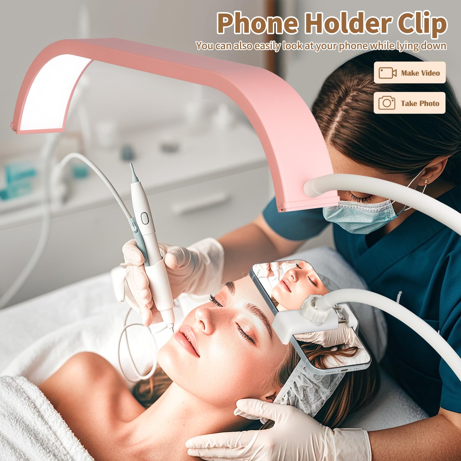 Hitti Estheticians Light, Flexible Gooseneck Lash Light For Eyelash Tech, Led Half Moon Light With Phone Holder, Stepless Dimmin