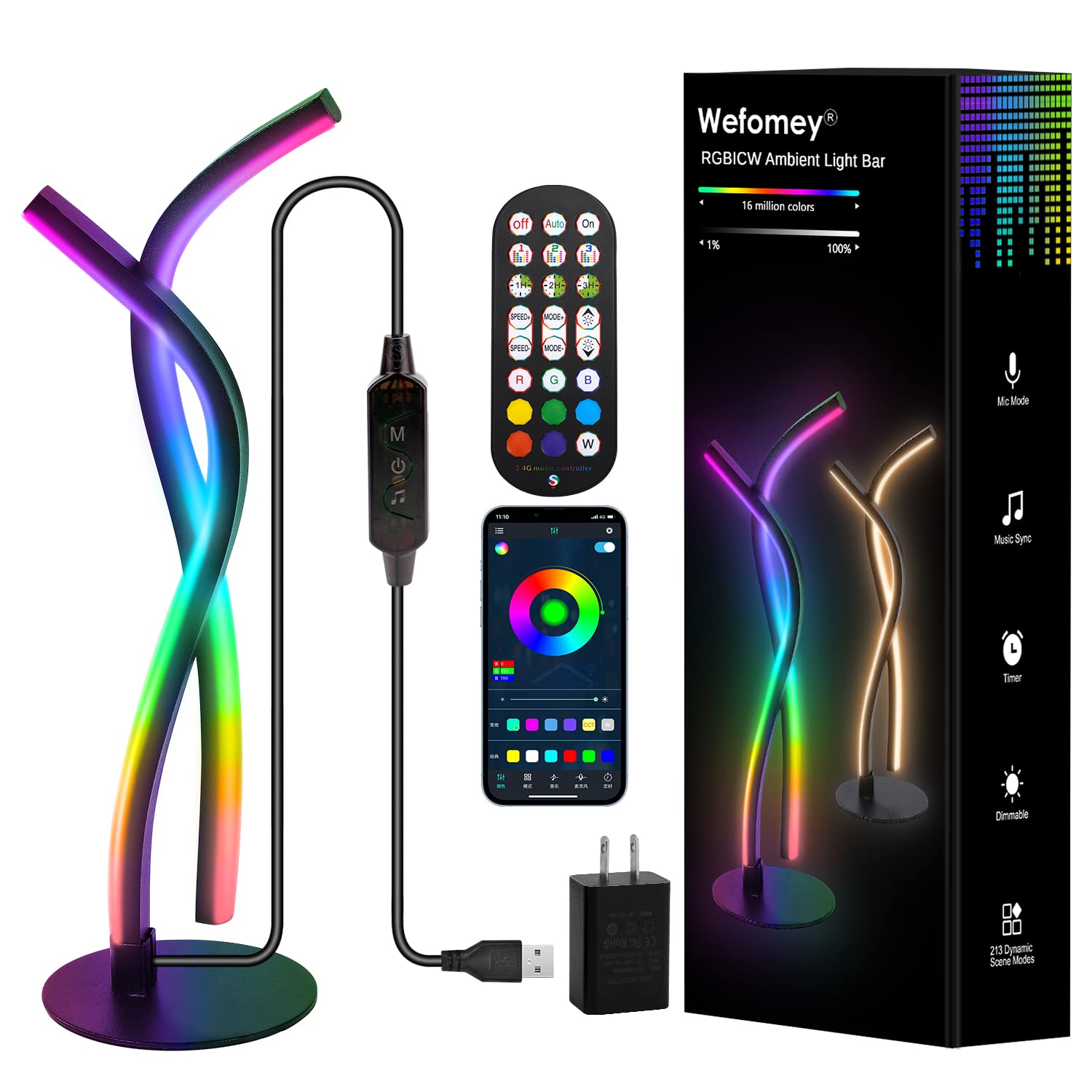 Wefomey LED Table Lamp, RGBW Multicolor Dimmable, Small, Black, Model US-RGBW-TL, Smart App Control, USB Desk Light