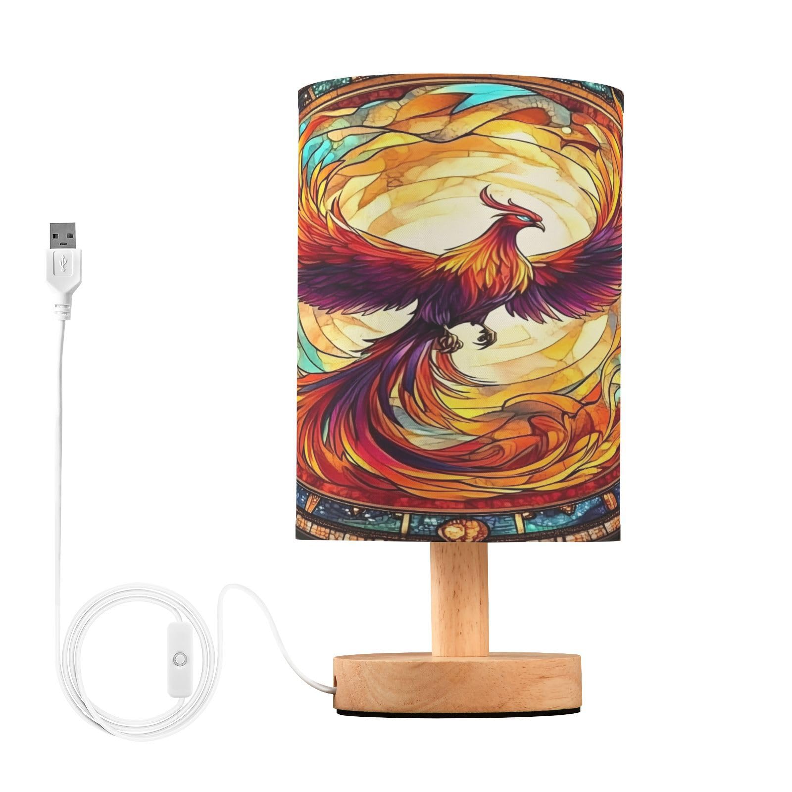 MFTJYO Bedside Table Lamp Phoenix Fire Wing Bird Stained Glass Table Lamp for Bedroom Nightstand Lamp with USB Port LED Desk Lam