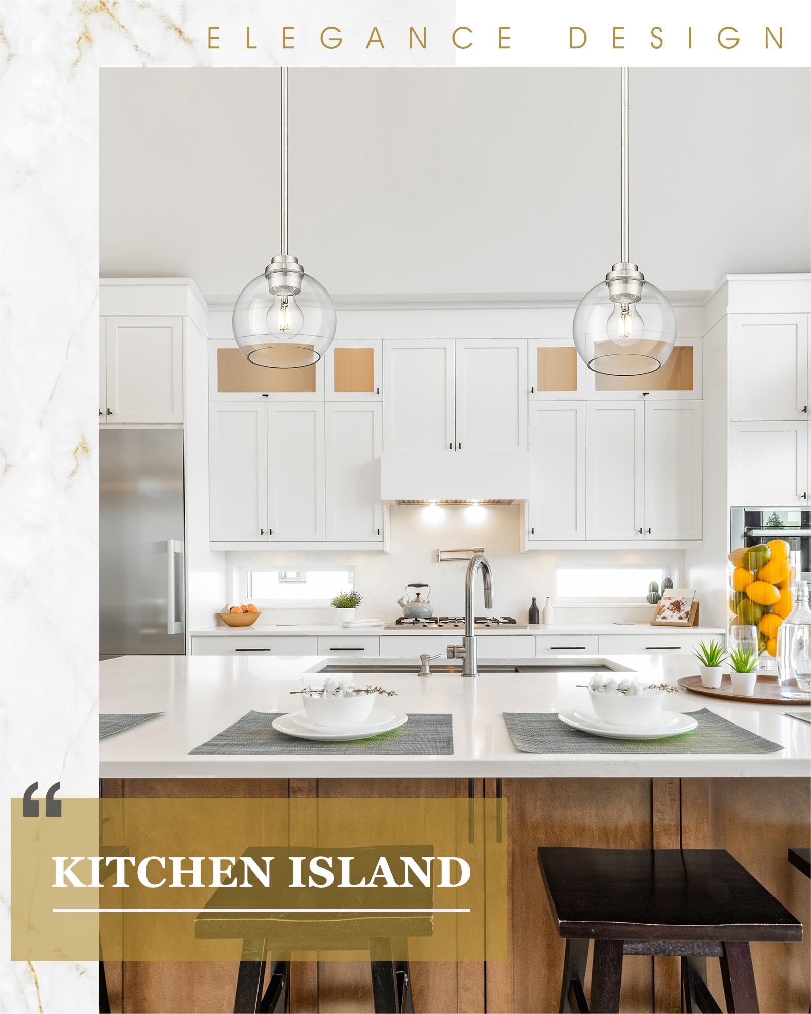 Audickic Pendant Lights Kitchen Island 2 Pack, 7&quot; Modern Brushed Nickel Hanging Lights Fixtures With Clear Glass Globe Shade, Kitchen Island Lighting For Bathroom, Ad-22280-1P2-Sn-C