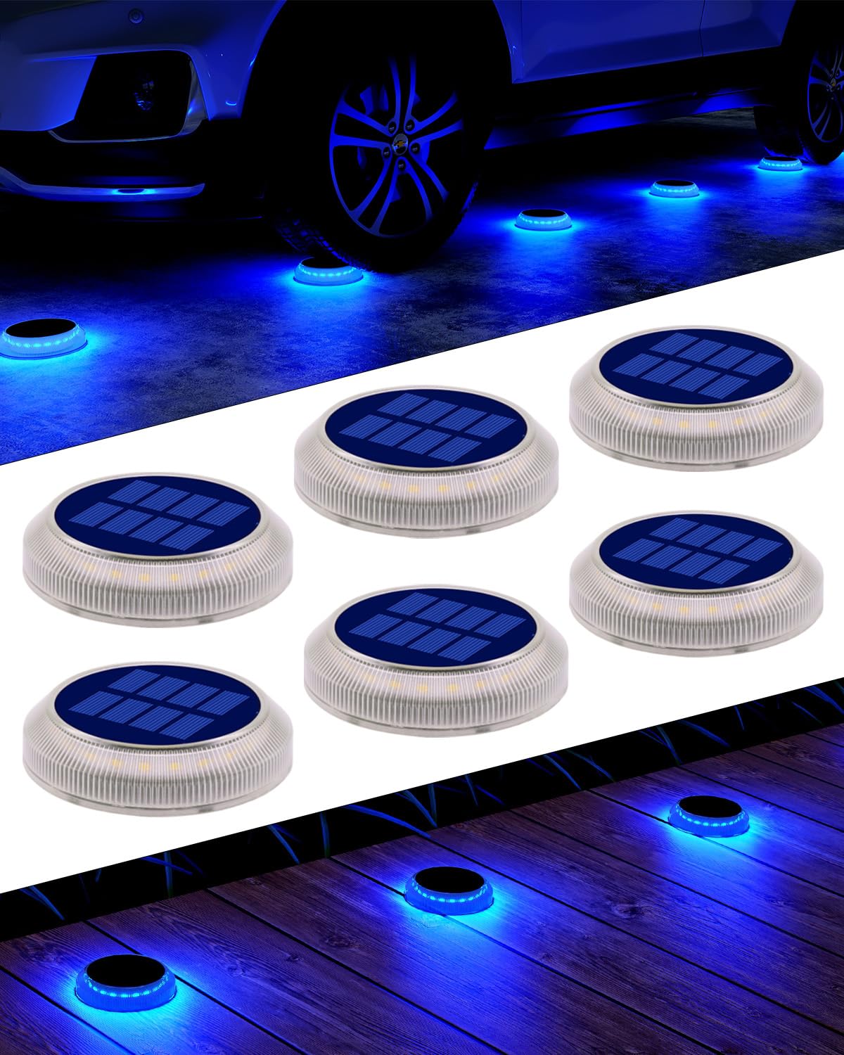 DetarZinLED 6 Packs Solar Driveway Lights, Blue Dock Deck Lights Solar Powered Outdoor IP68 Waterproof, Stick on Light for Step,